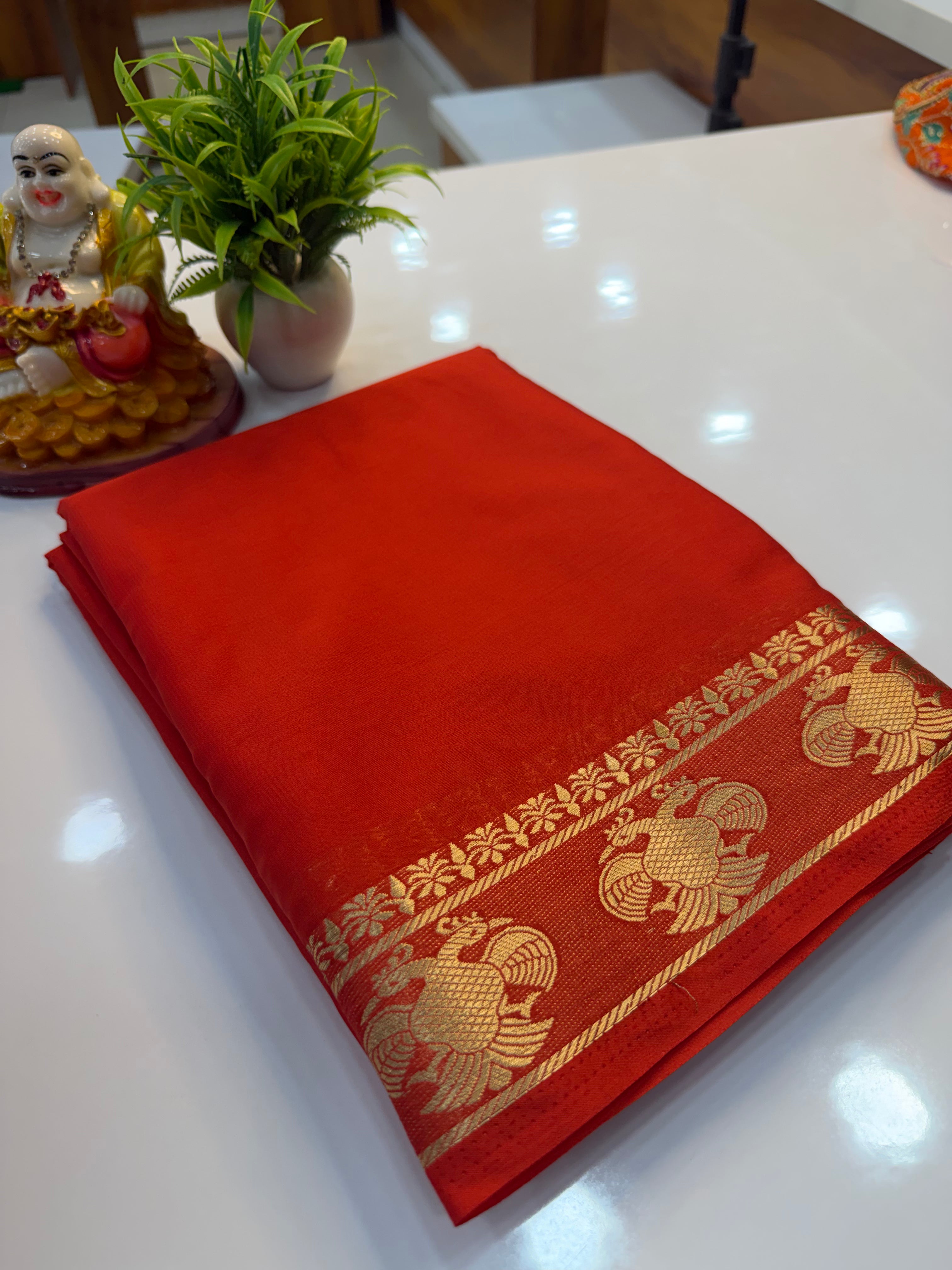 Mysore Crepe Silk Saree with Ganda Berunda Border | Beautiful Pallu & Self Blouse…
