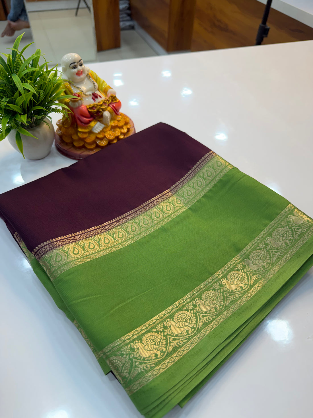 Mysore Crepe Silk Saree with Peacock & Mango Bentex Border | Padmavathi Silks and Sarees