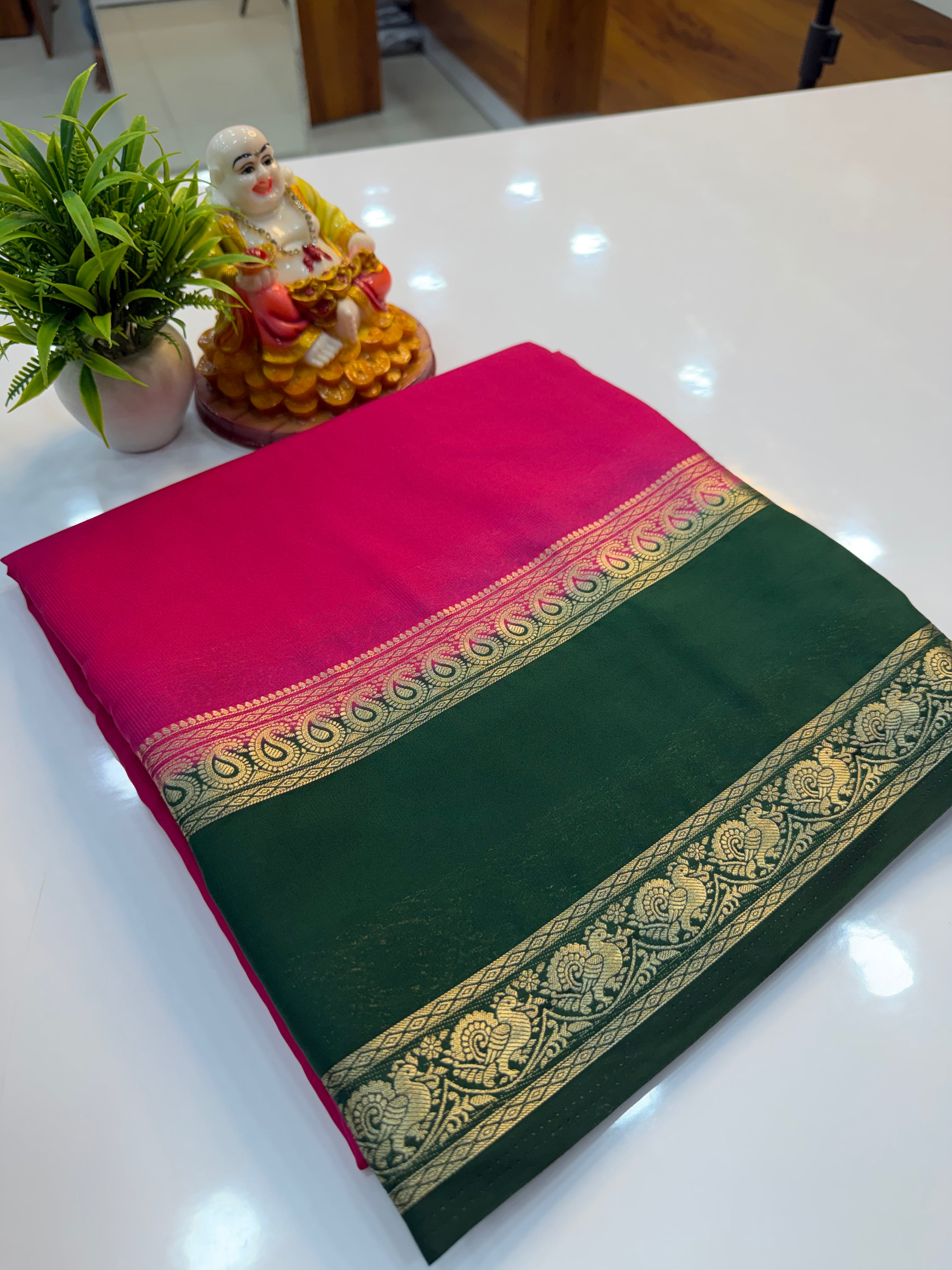 Mysore Crepe Silk Saree with Peacock & Mango Bentex Border | Padmavathi Silks and Sarees