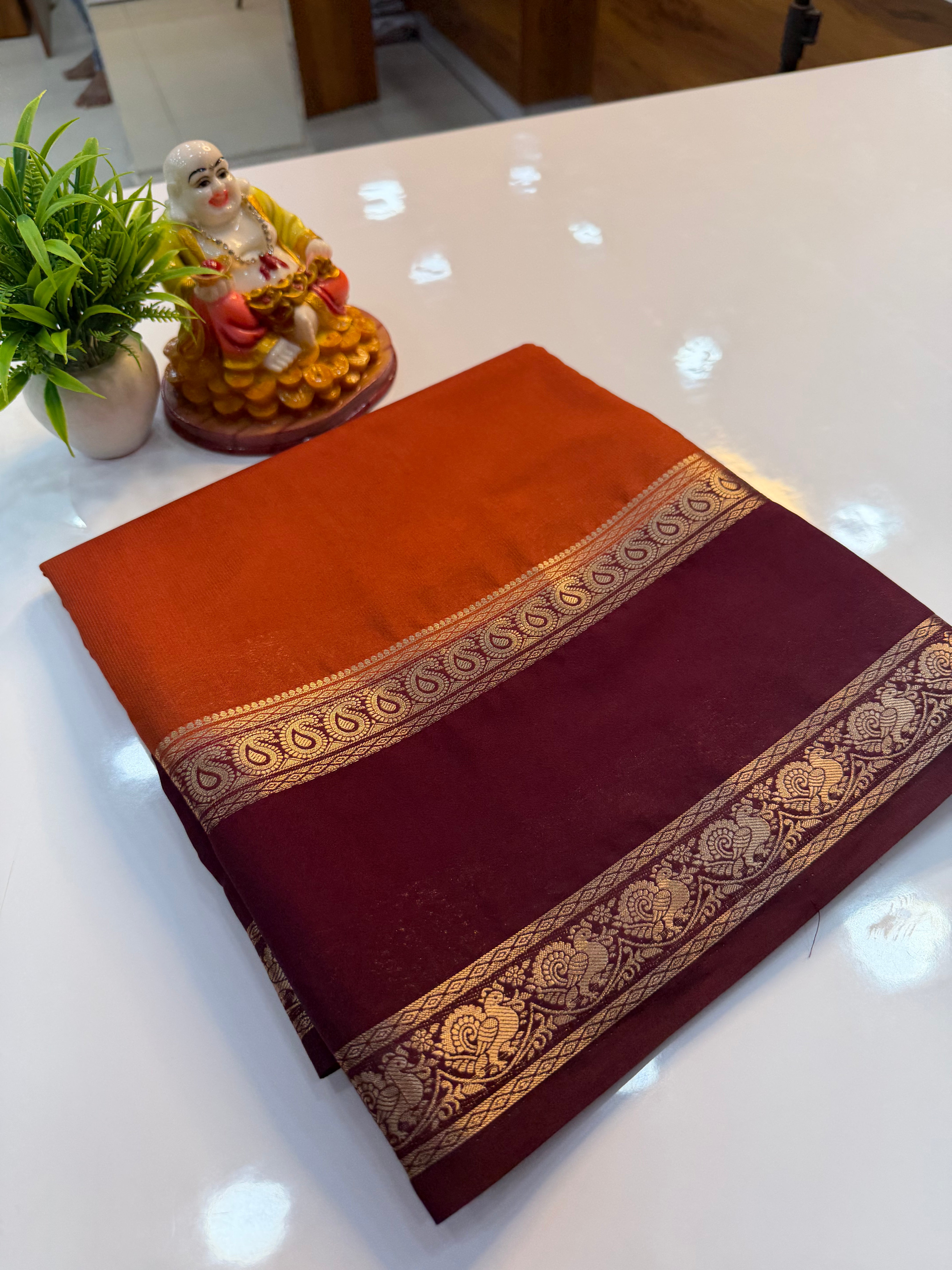 Mysore Crepe Silk Saree with Peacock & Mango Bentex Border | Padmavathi Silks and Sarees