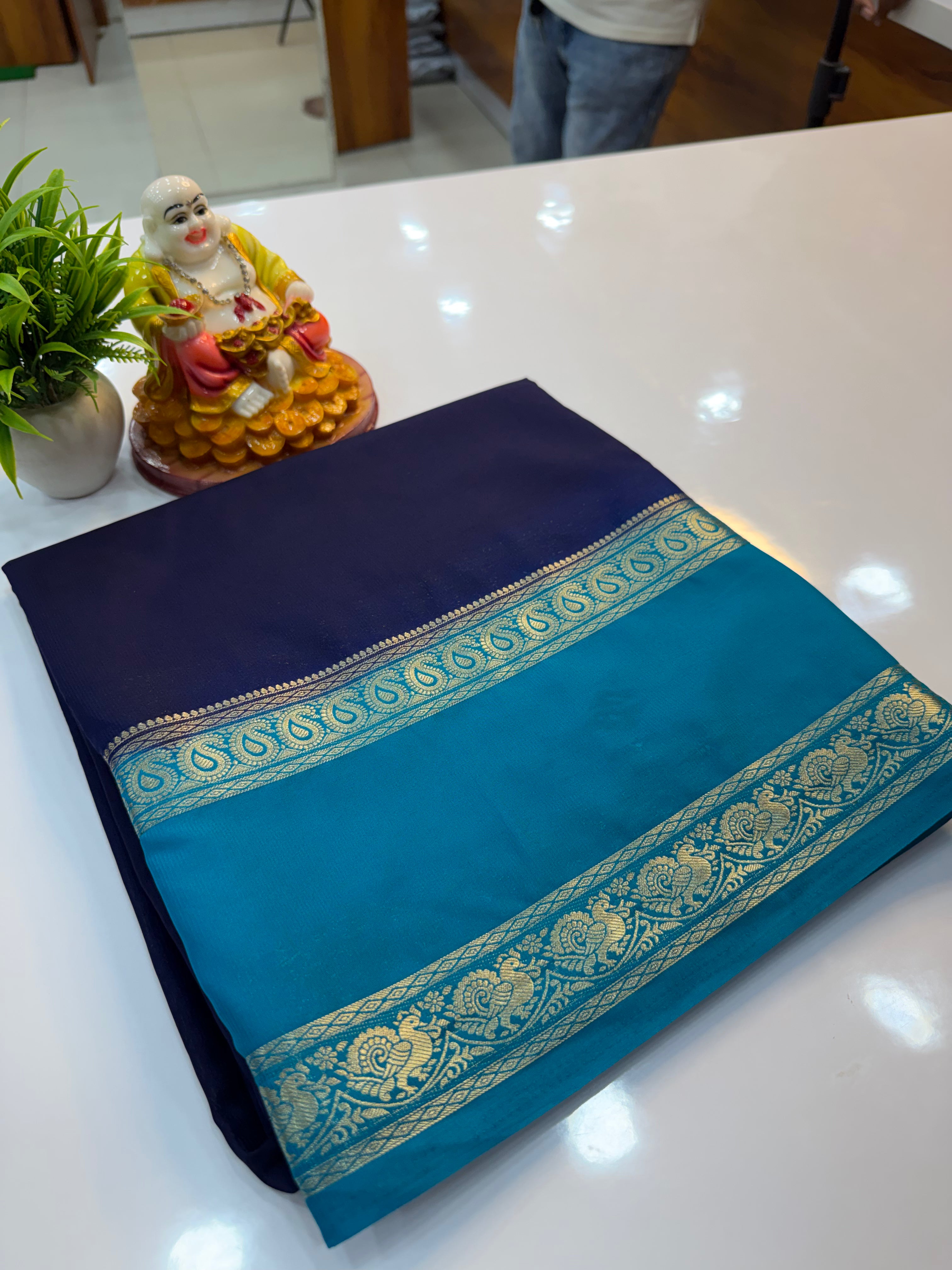 Mysore Crepe Silk Saree with Peacock & Mango Bentex Border | Padmavathi Silks and Sarees