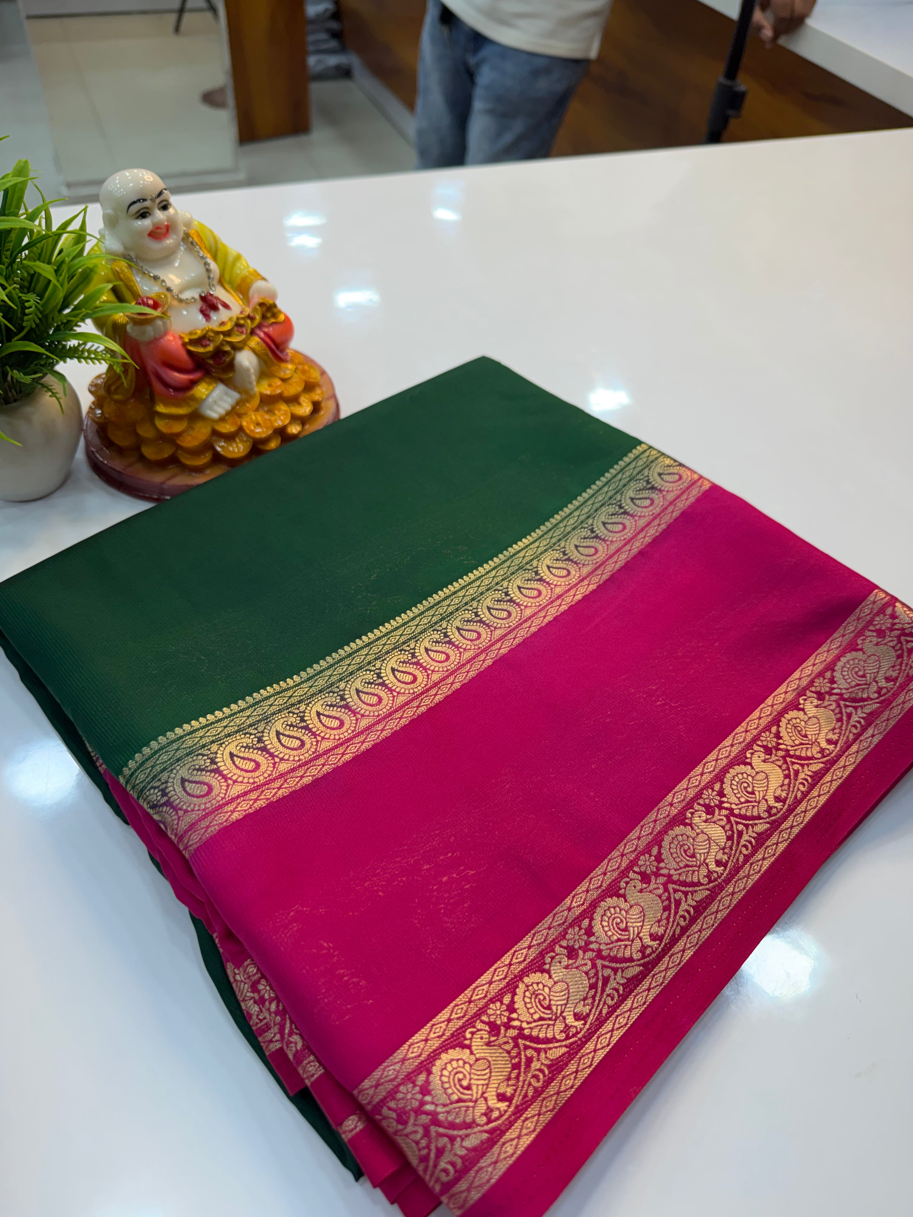 Mysore Crepe Silk Saree with Peacock & Mango Bentex Border | Padmavathi Silks and Sarees
