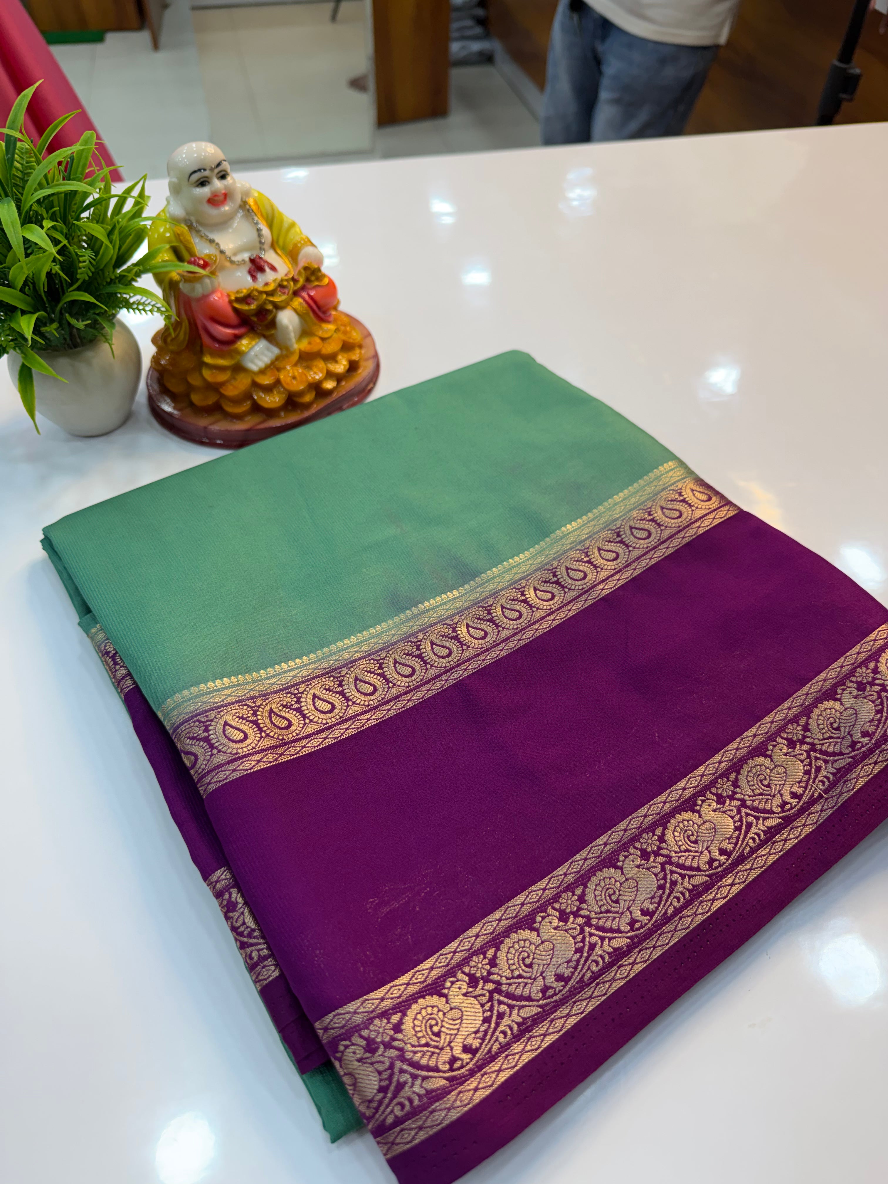 Mysore Crepe Silk Saree with Peacock & Mango Bentex Border | Padmavathi Silks and Sarees