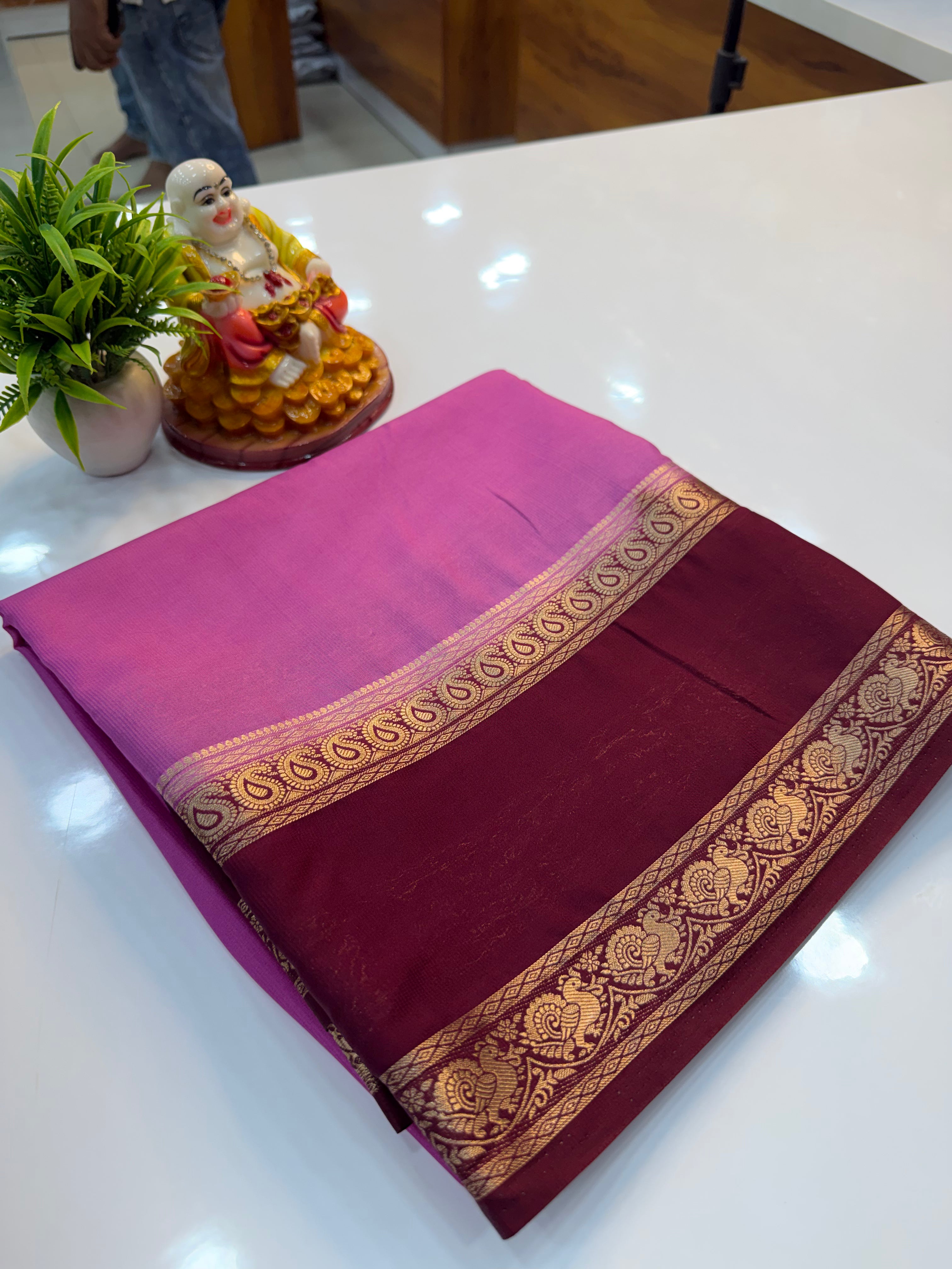 Mysore Crepe Silk Saree with Peacock & Mango Bentex Border | Padmavathi Silks and Sarees