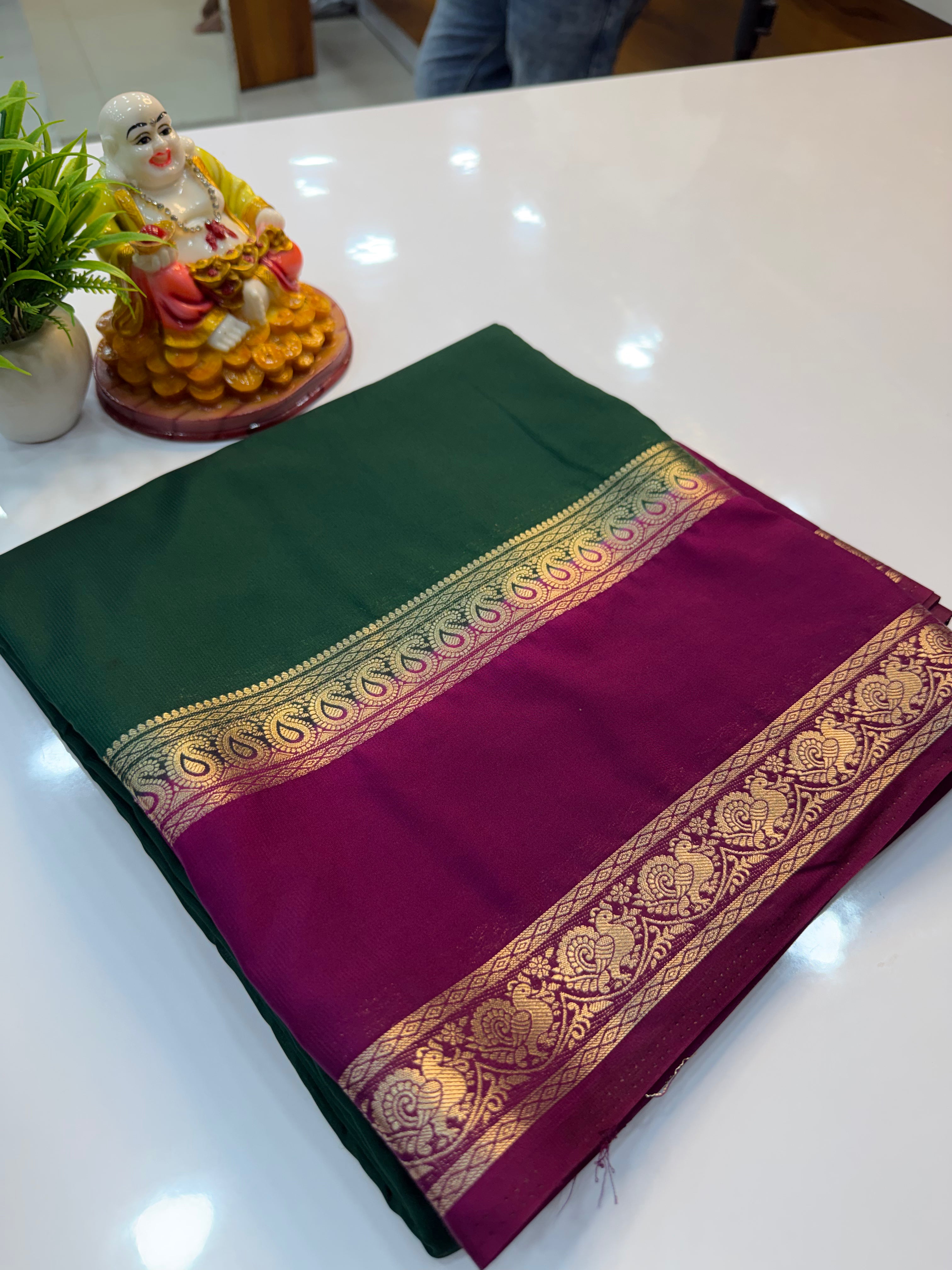 Mysore Crepe Silk Saree with Peacock & Mango Bentex Border | Padmavathi Silks and Sarees