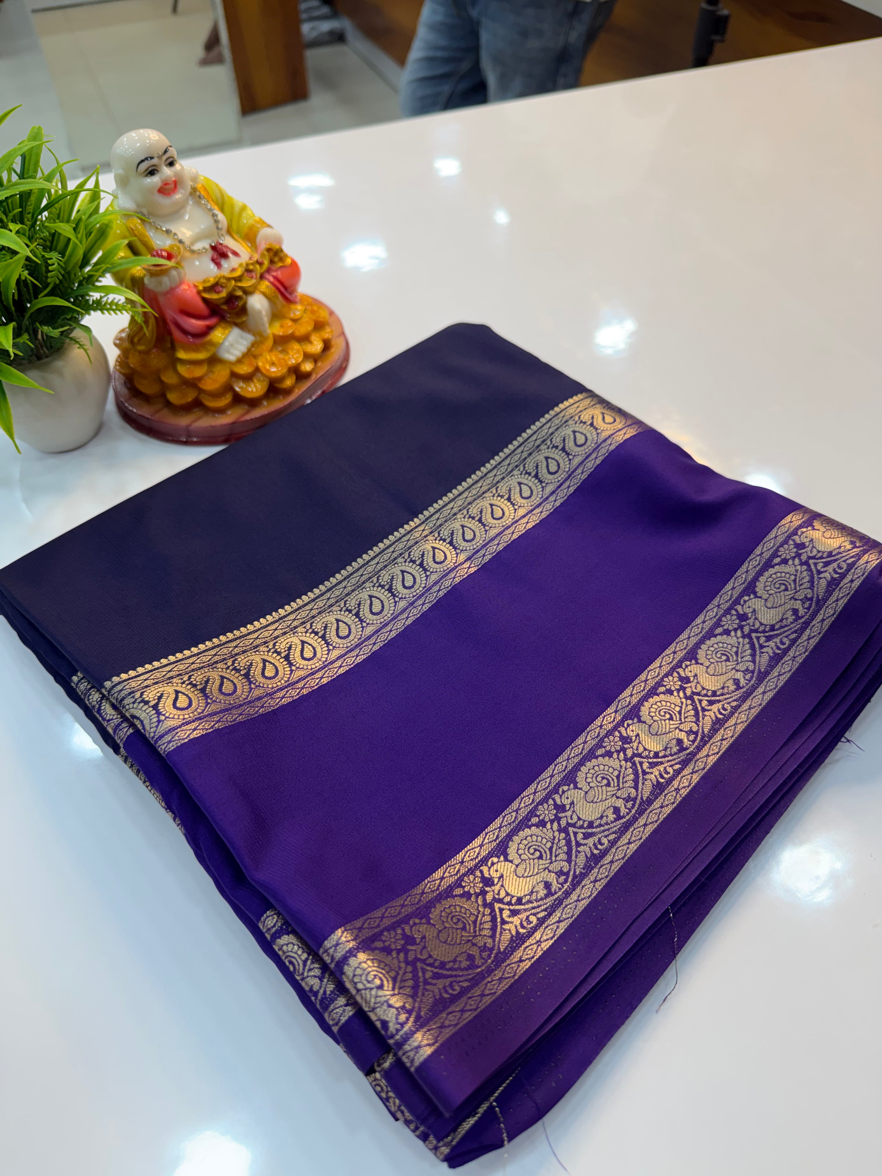 Mysore Crepe Silk Saree with Peacock & Mango Bentex Border | Padmavathi Silks and Sarees