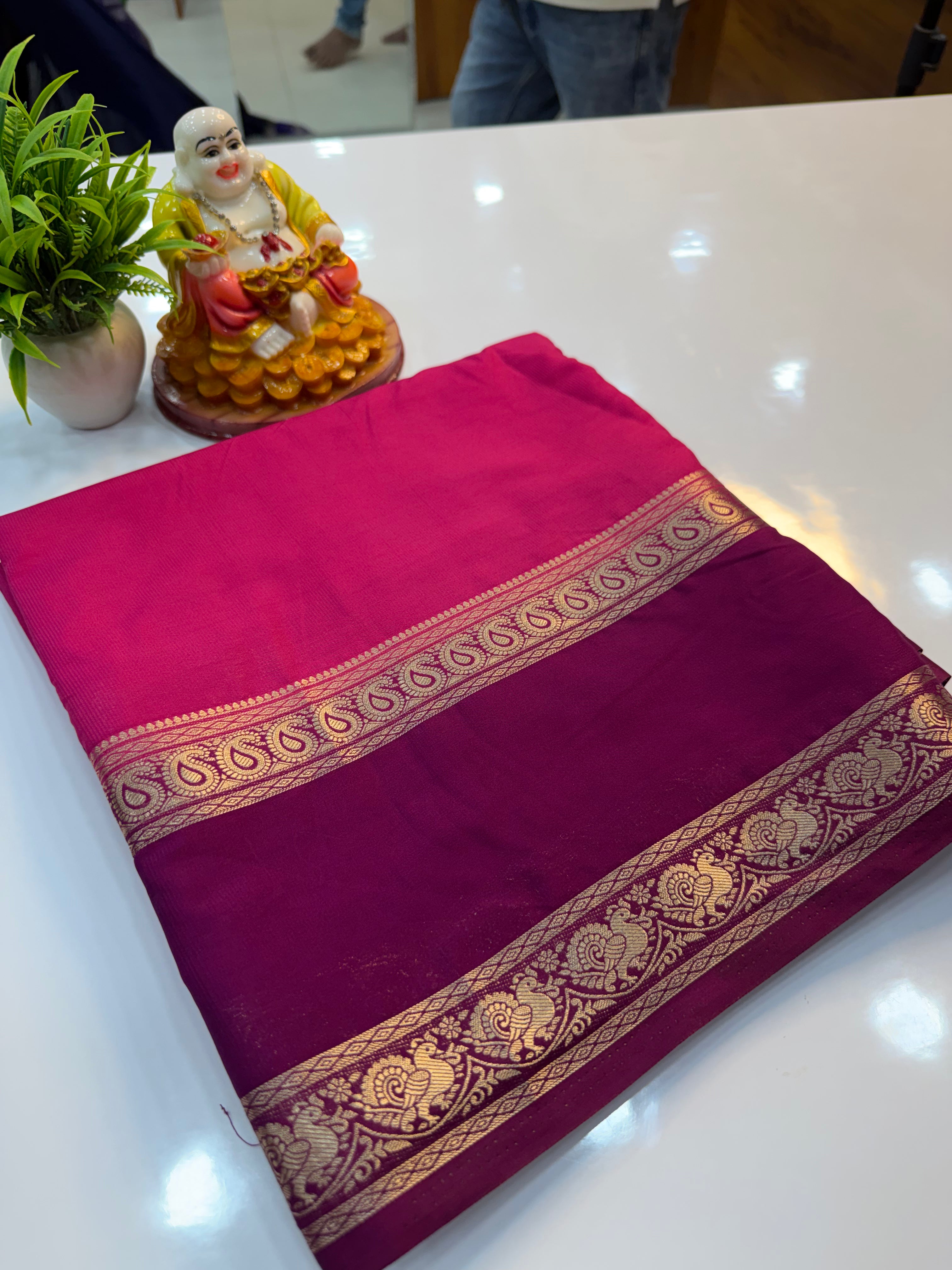 Mysore Crepe Silk Saree with Peacock & Mango Bentex Border | Padmavathi Silks and Sarees