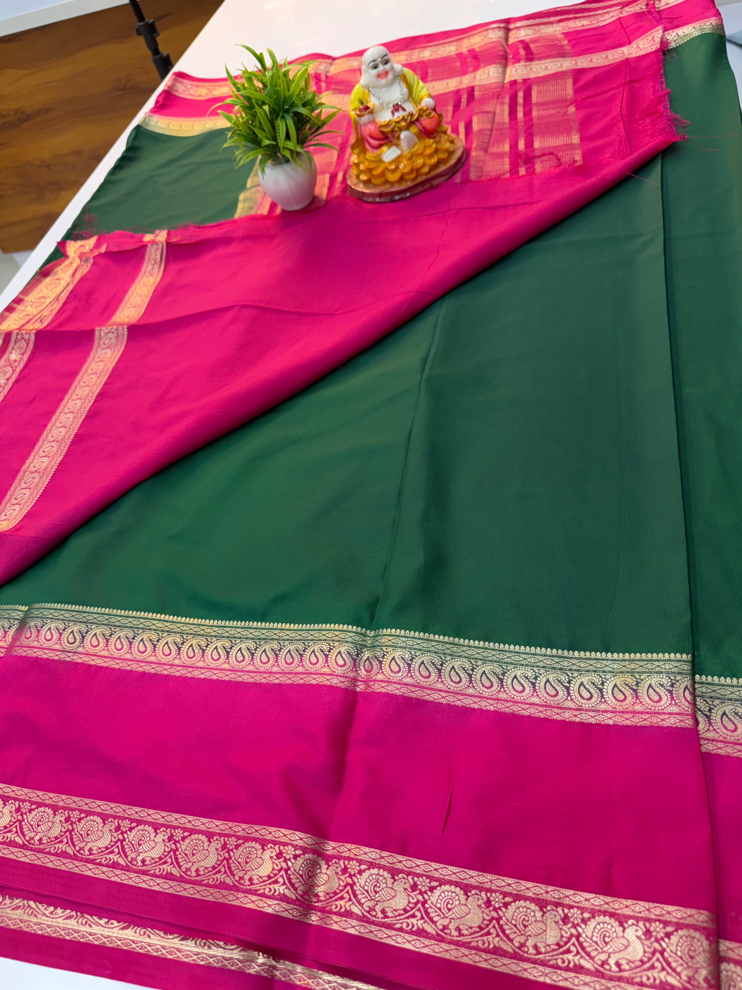 Mysore Crepe Silk Saree with Peacock & Mango Bentex Border | Padmavathi Silks and Sarees