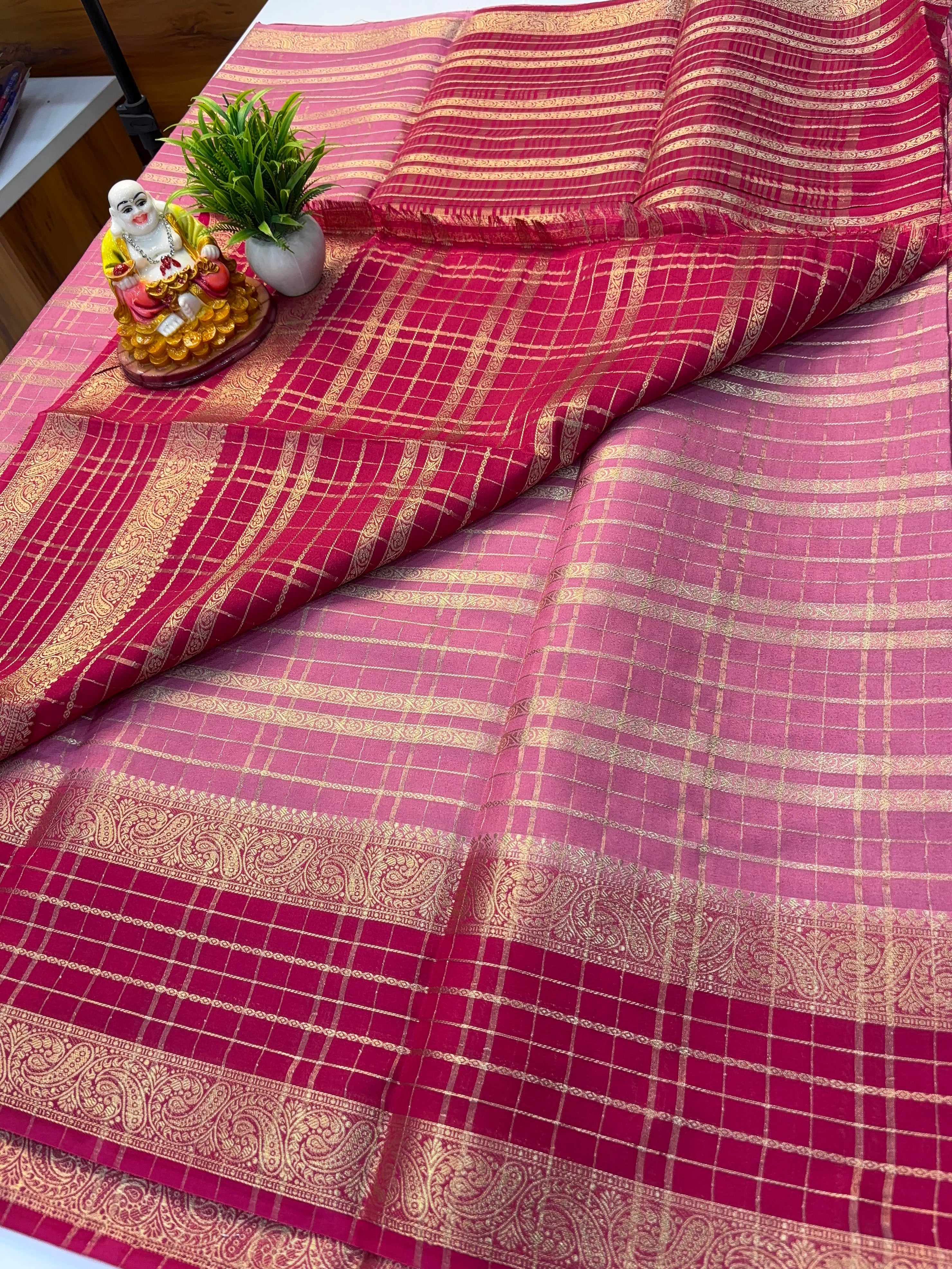 Mysore Crepe Silk Saree with Stripes & Contrast Pallu