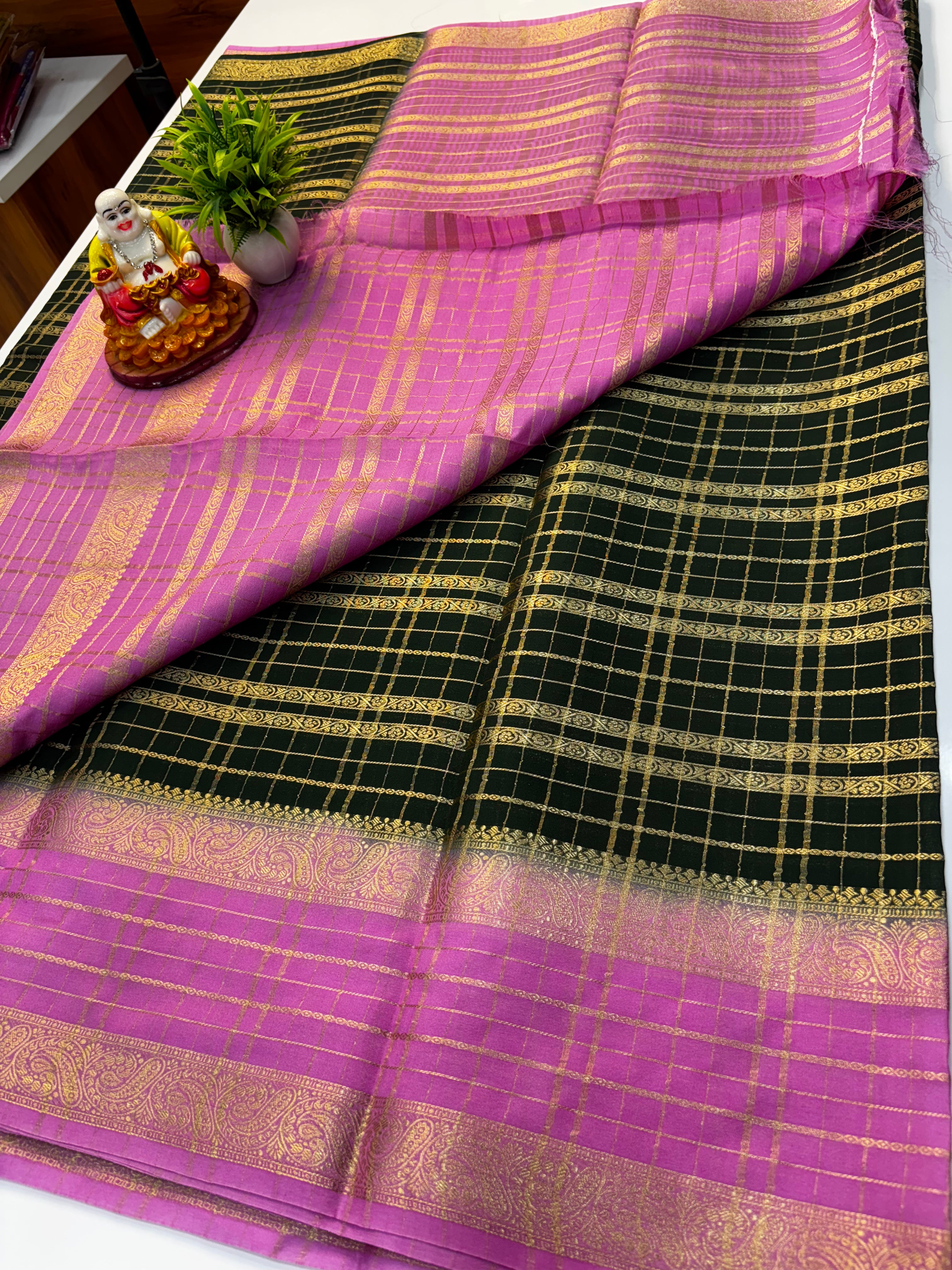Mysore Crepe Silk Saree with Stripes & Contrast Pallu