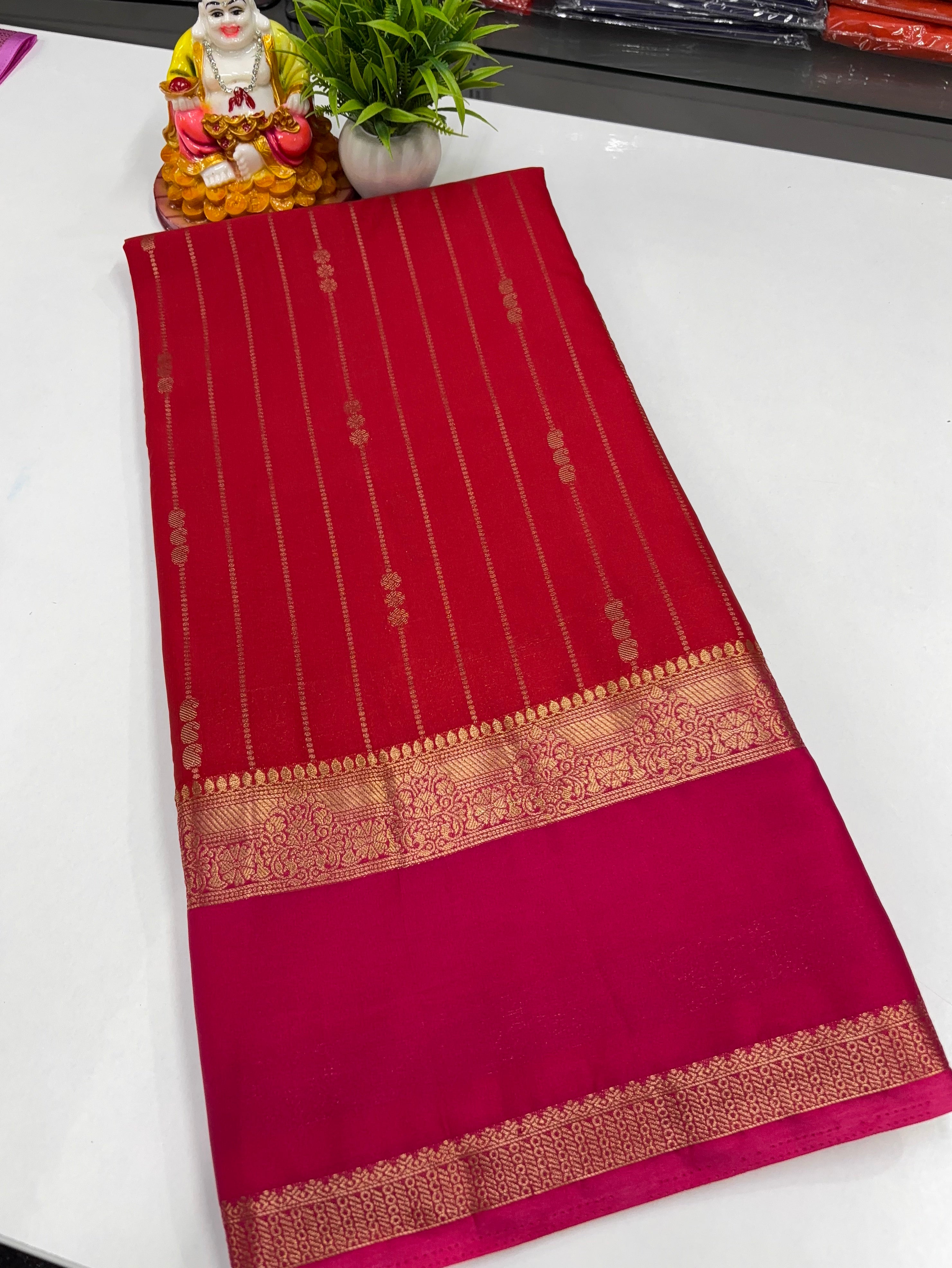 Premium Mysore Crepe Silk Saree with Rich Pallu and butta blouse