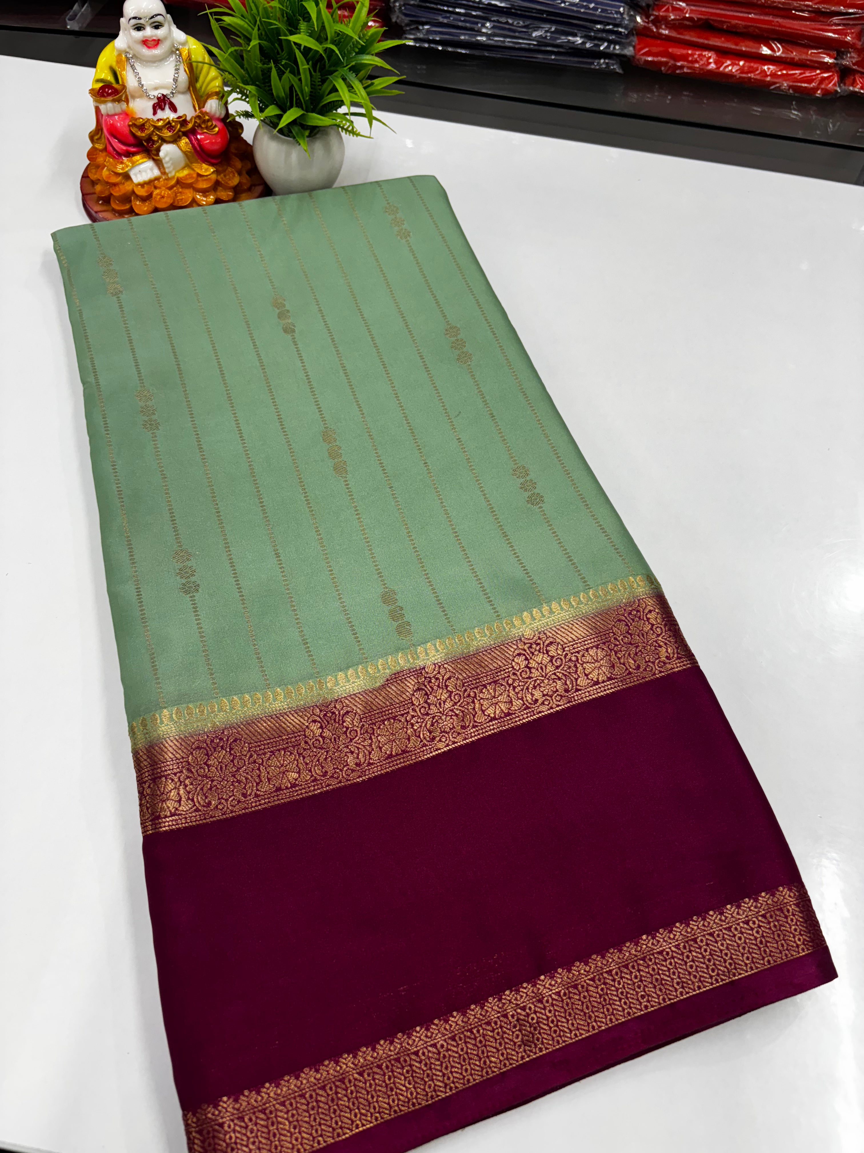Premium Mysore Crepe Silk Saree with Rich Pallu and butta blouse