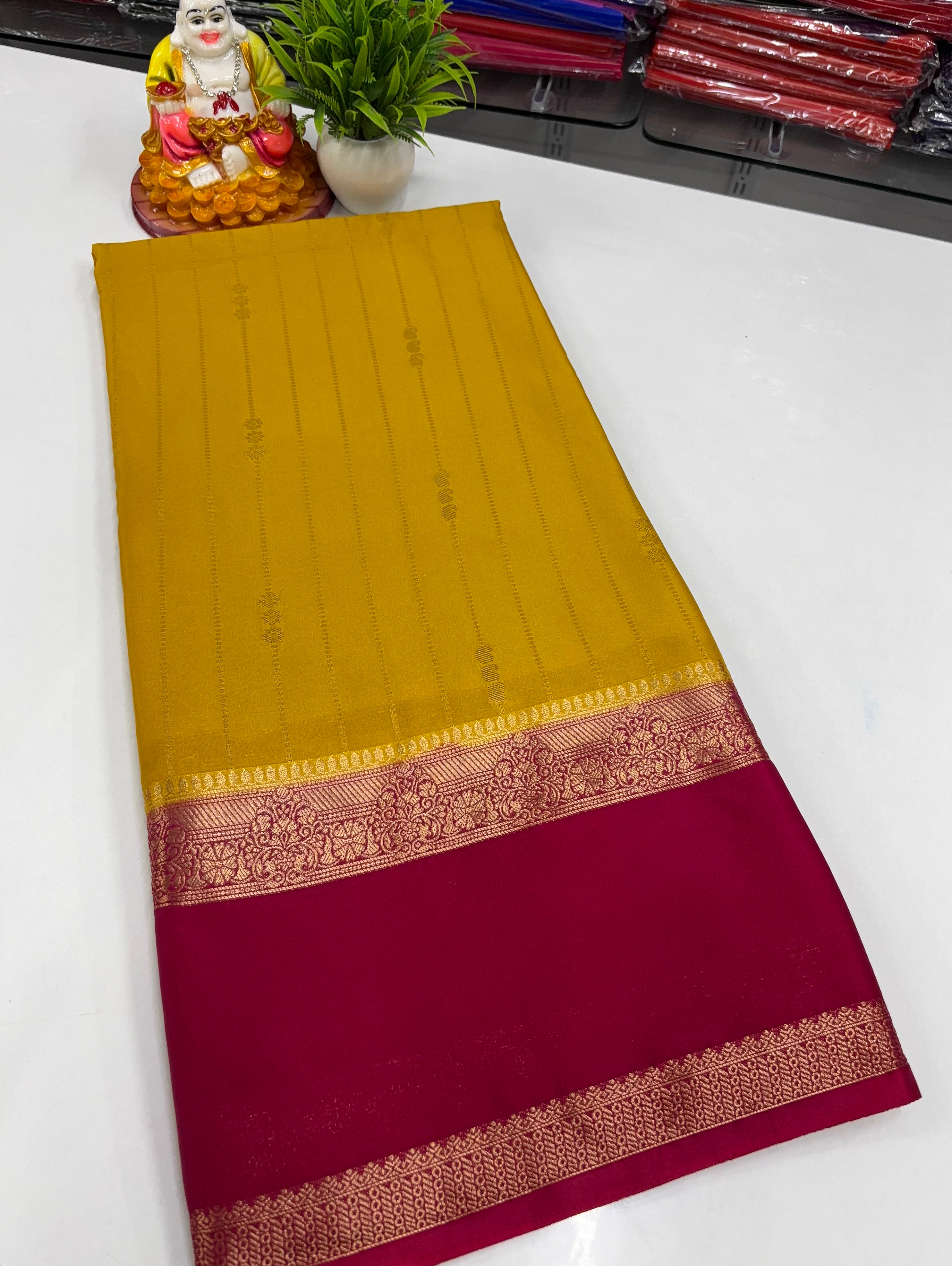 Premium Mysore Crepe Silk Saree with Rich Pallu and butta blouse