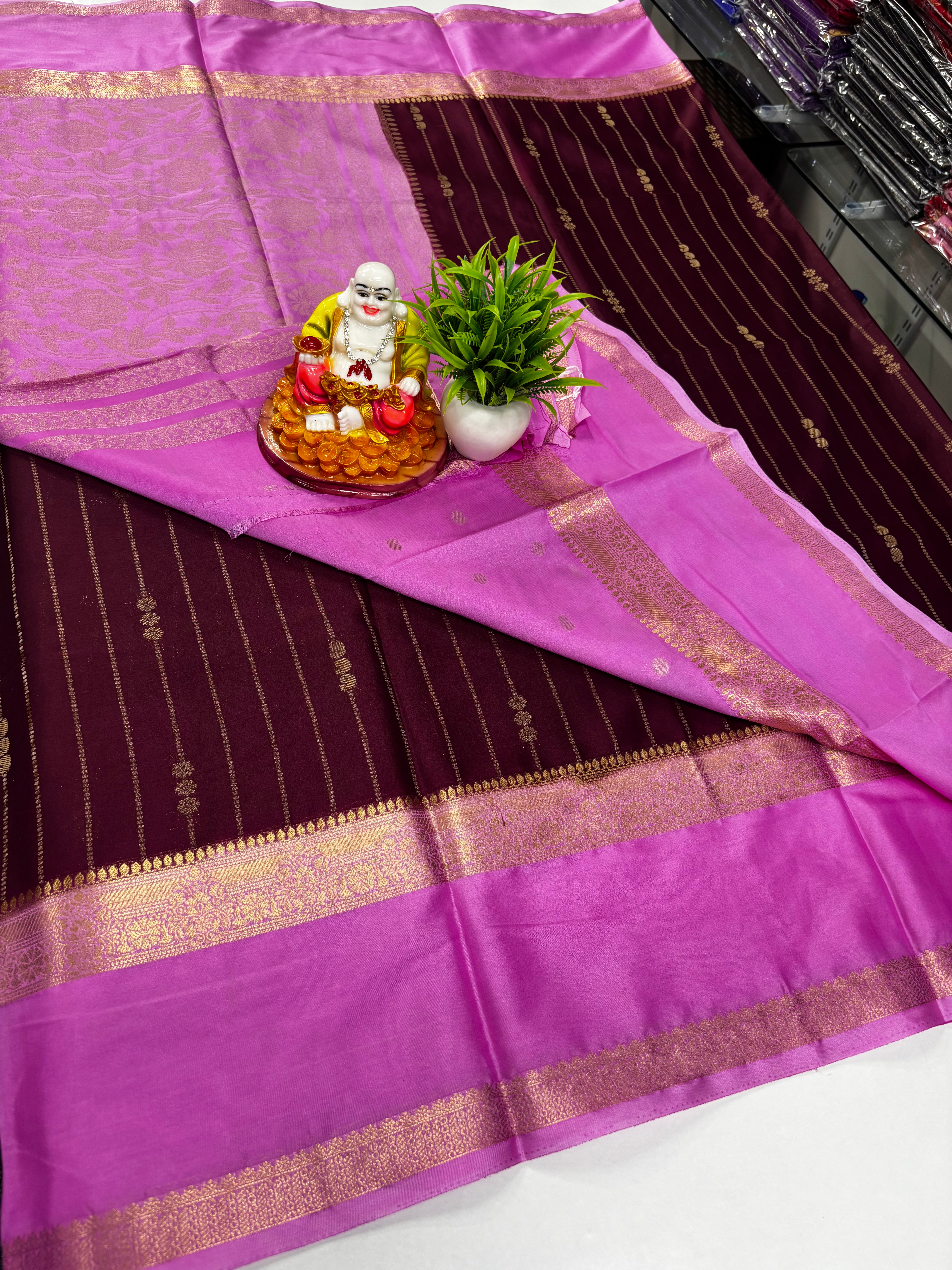 Premium Mysore Crepe Silk Saree with Rich Pallu and butta blouse
