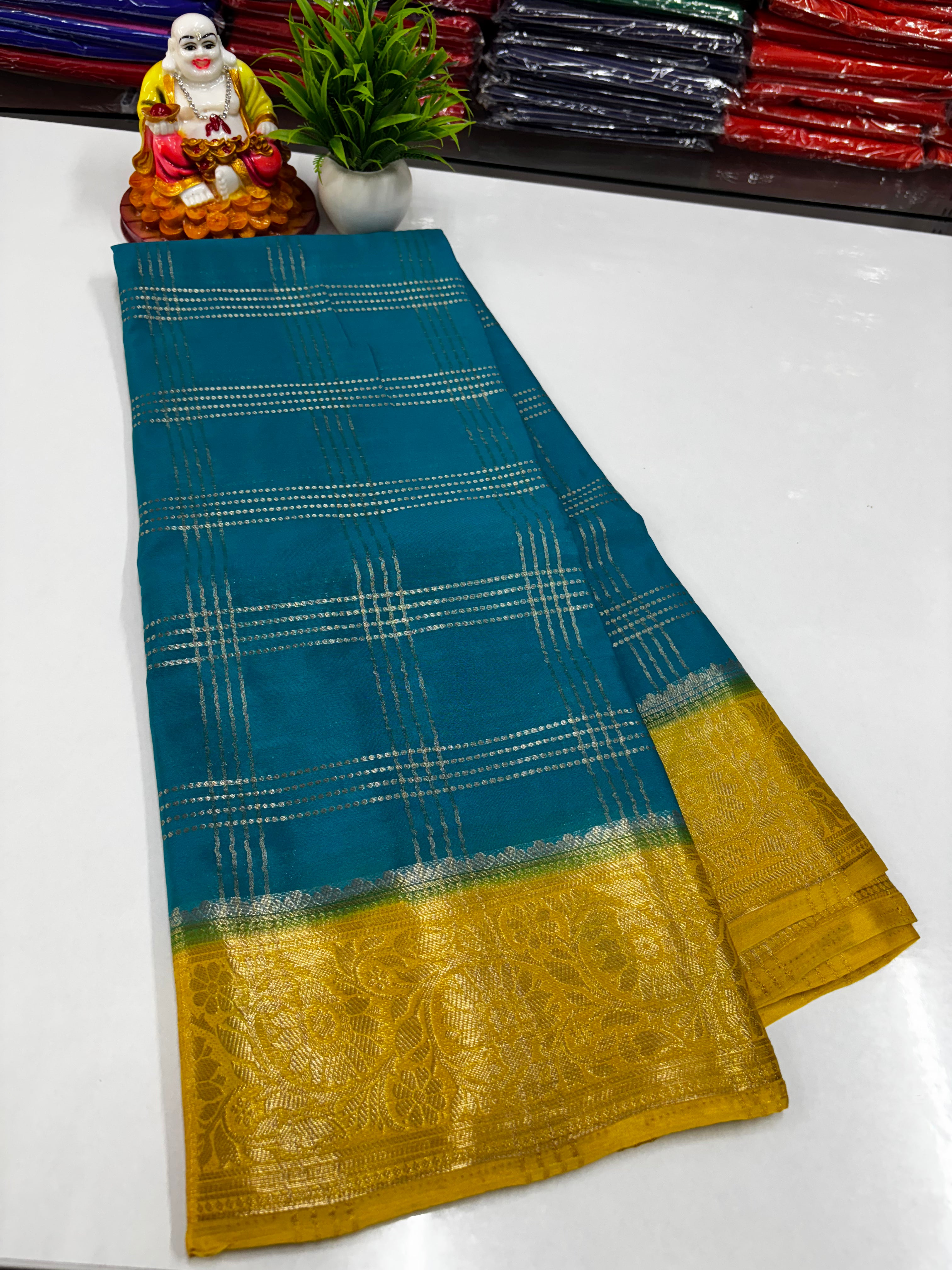Premium Chiffon Saree with Chex Pattern & Floral Border