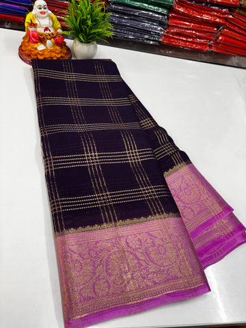 Premium Chiffon Saree with Chex Pattern & Floral Border