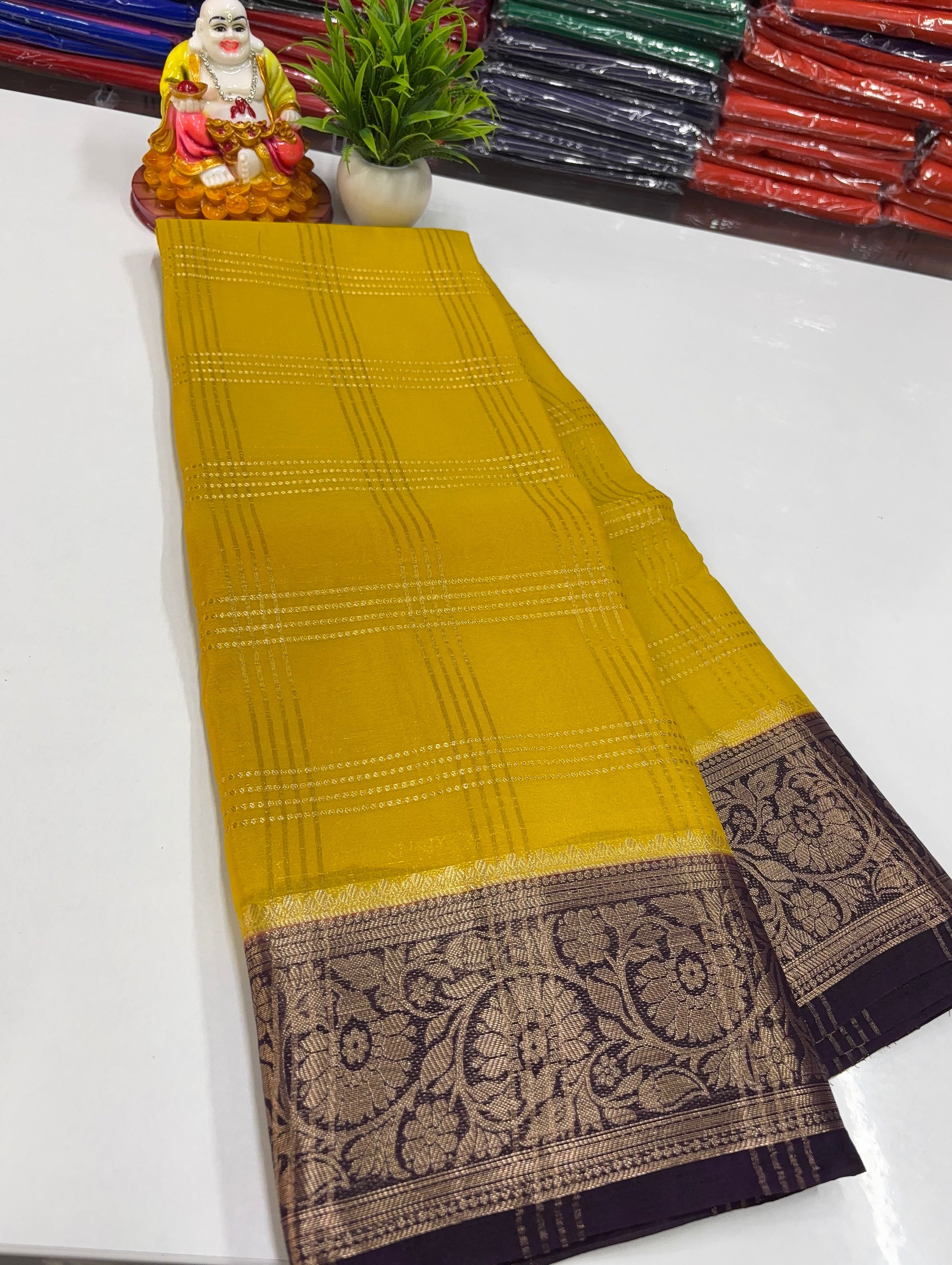 Premium Chiffon Saree with Chex Pattern & Floral Border