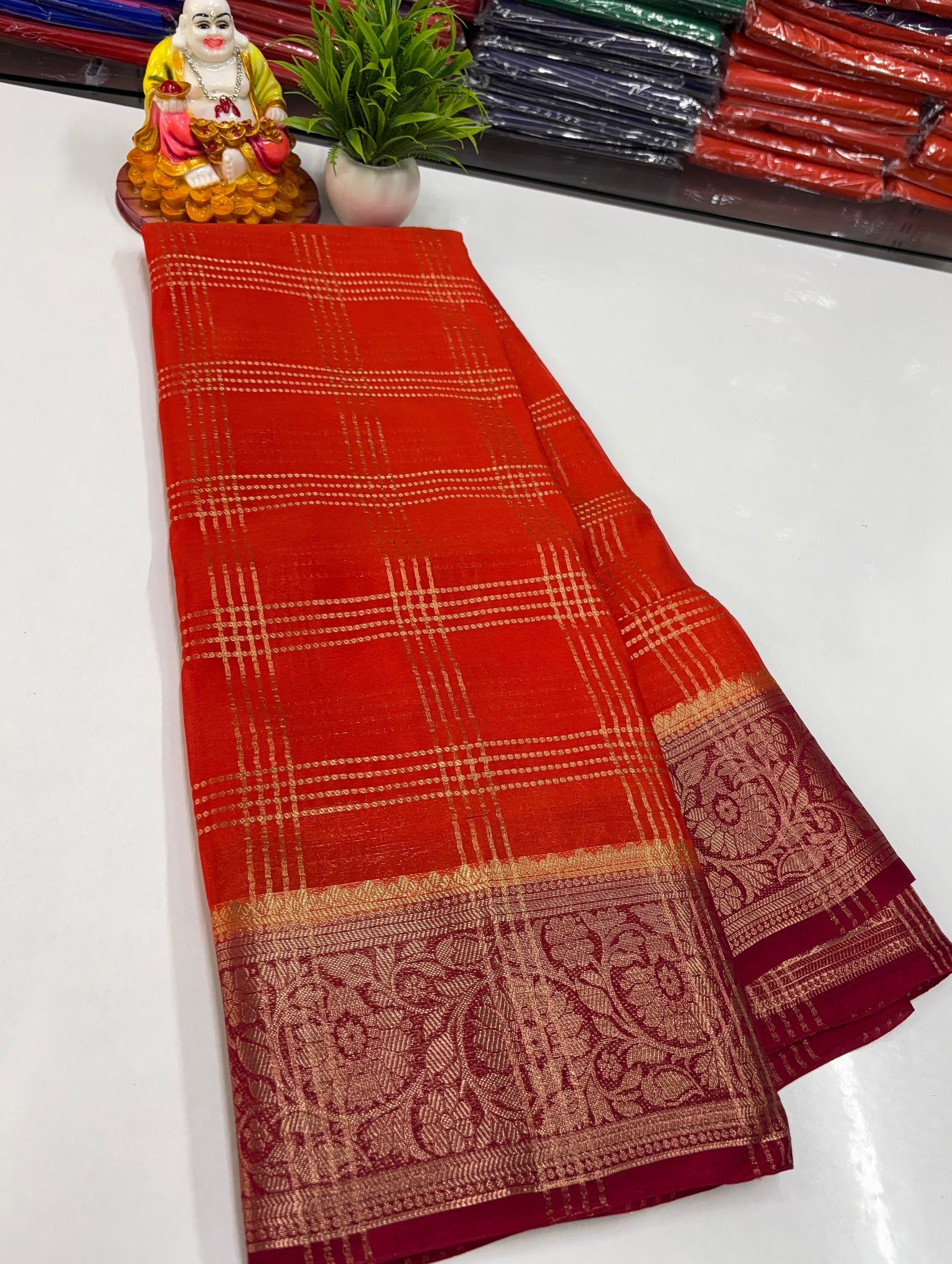 Premium Chiffon Saree with Chex Pattern & Floral Border
