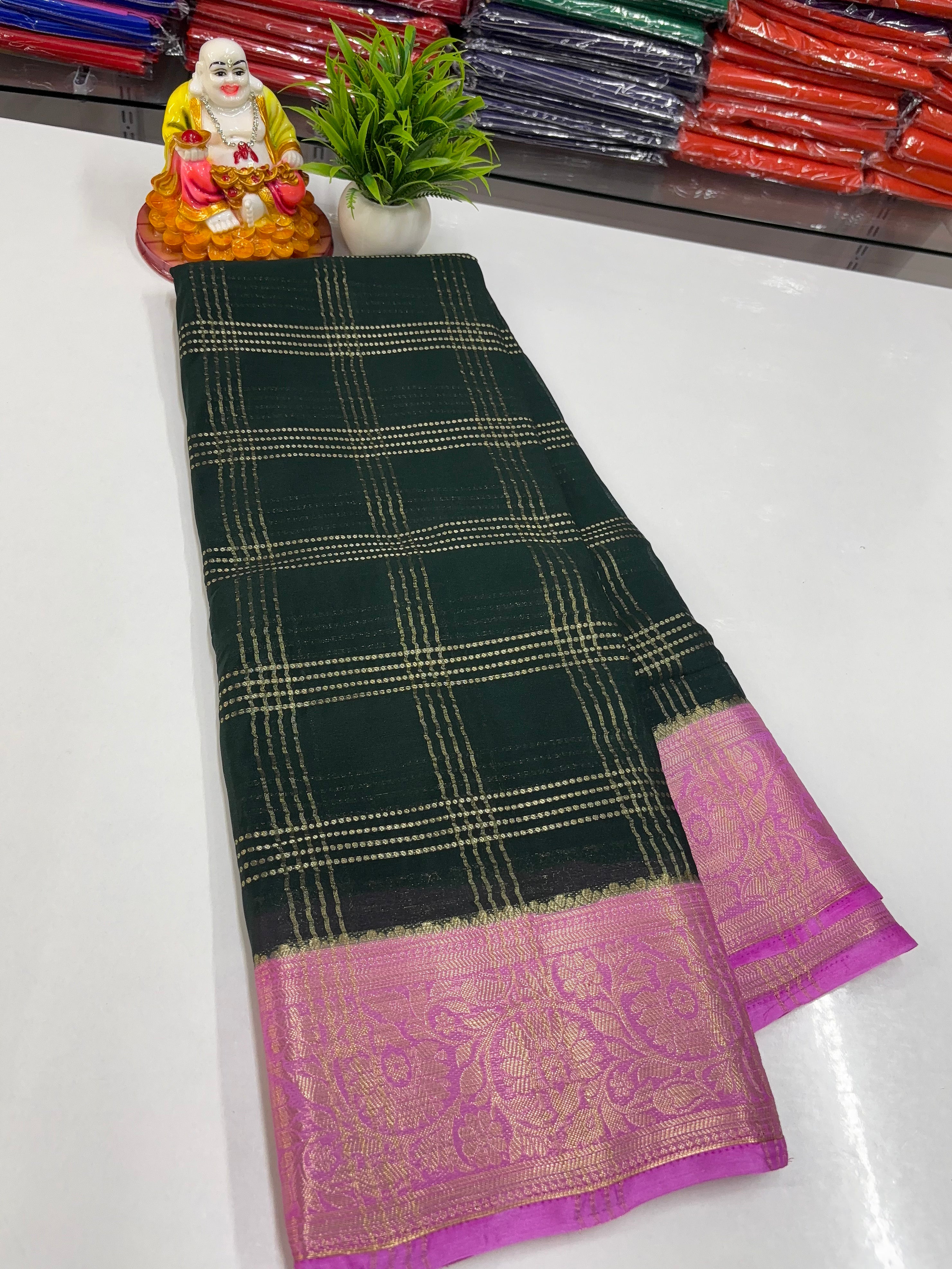 Premium Chiffon Saree with Chex Pattern & Floral Border
