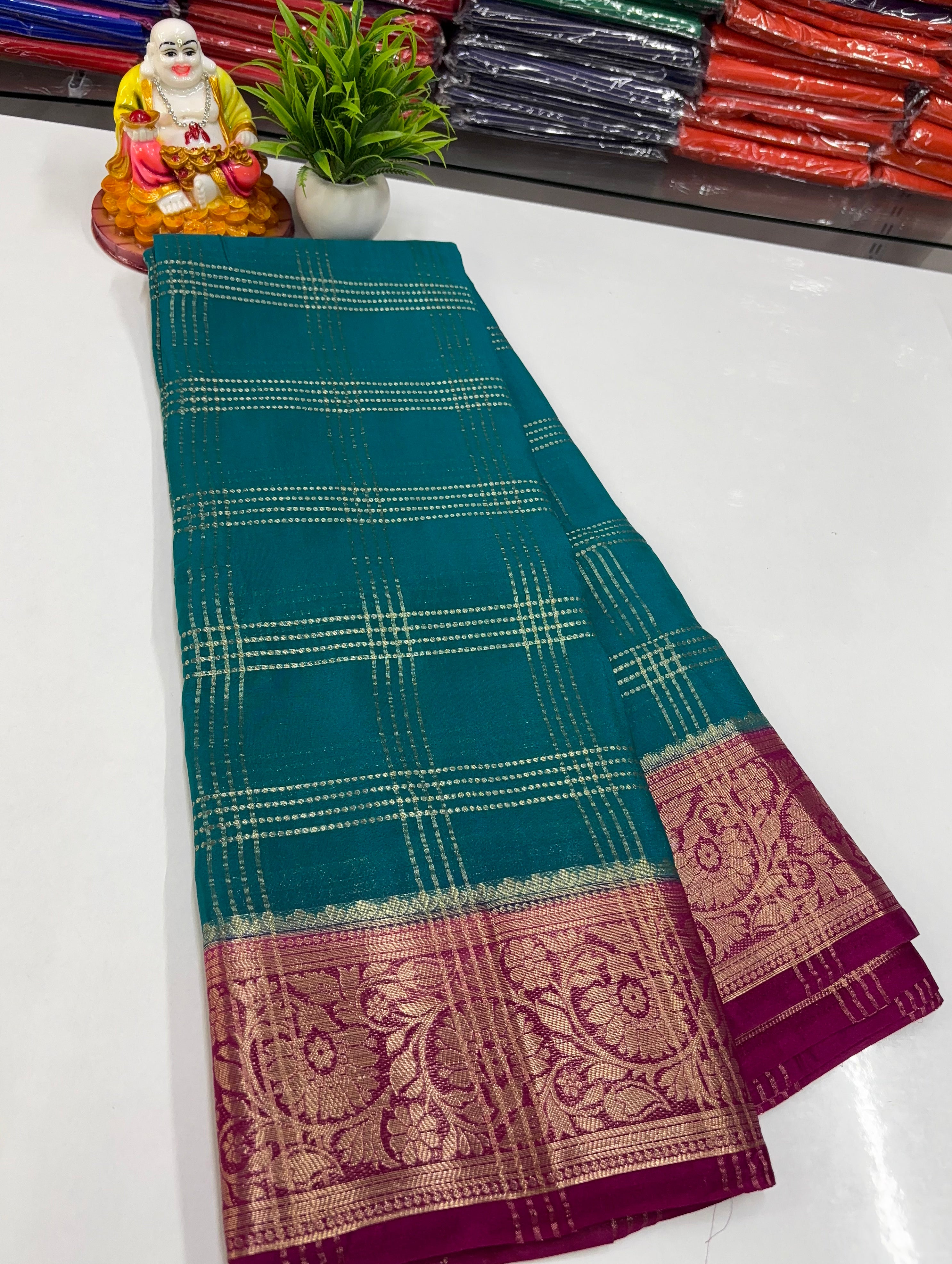 Premium Chiffon Saree with Chex Pattern & Floral Border