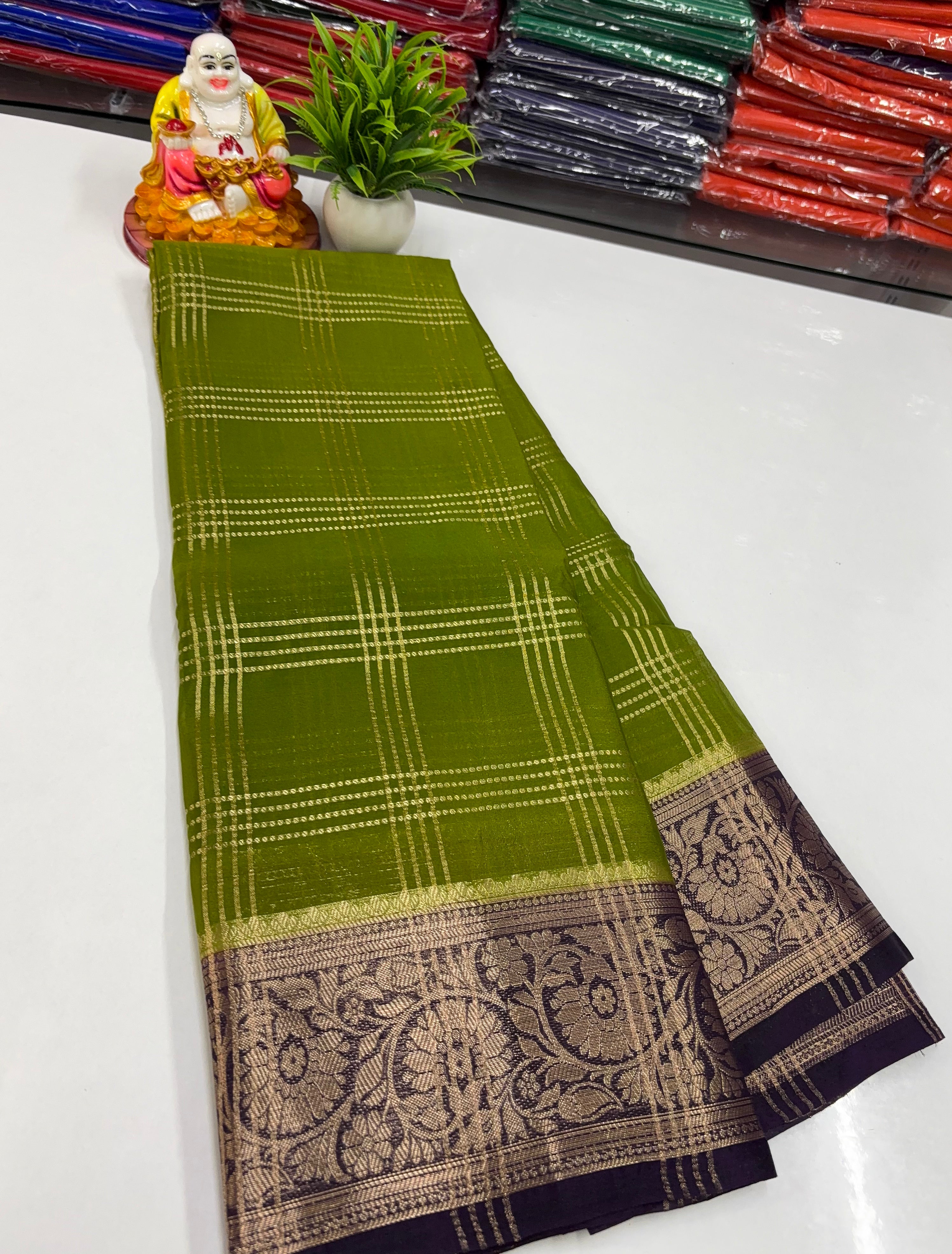 Premium Chiffon Saree with Chex Pattern & Floral Border