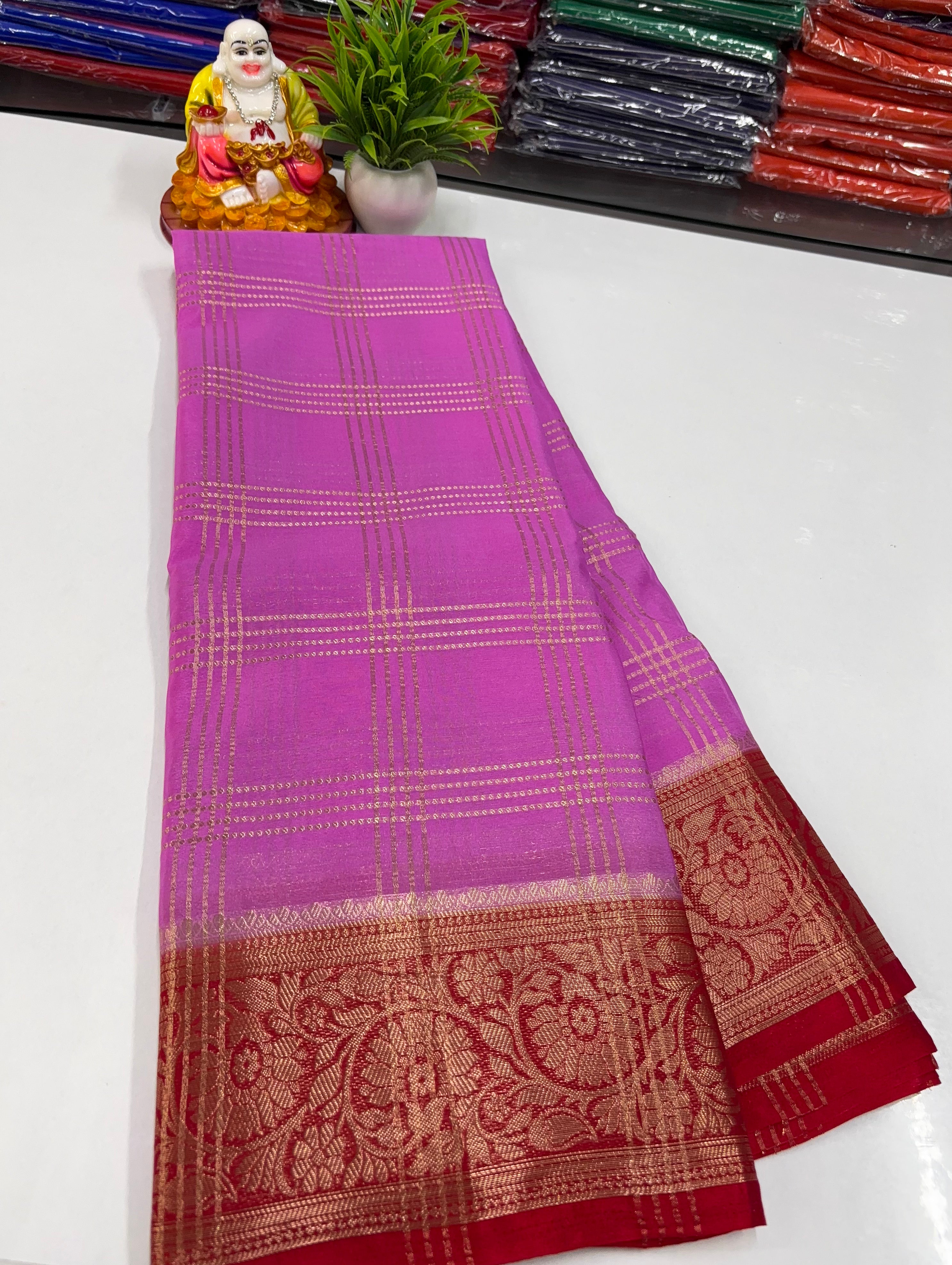 Premium Chiffon Saree with Chex Pattern & Floral Border