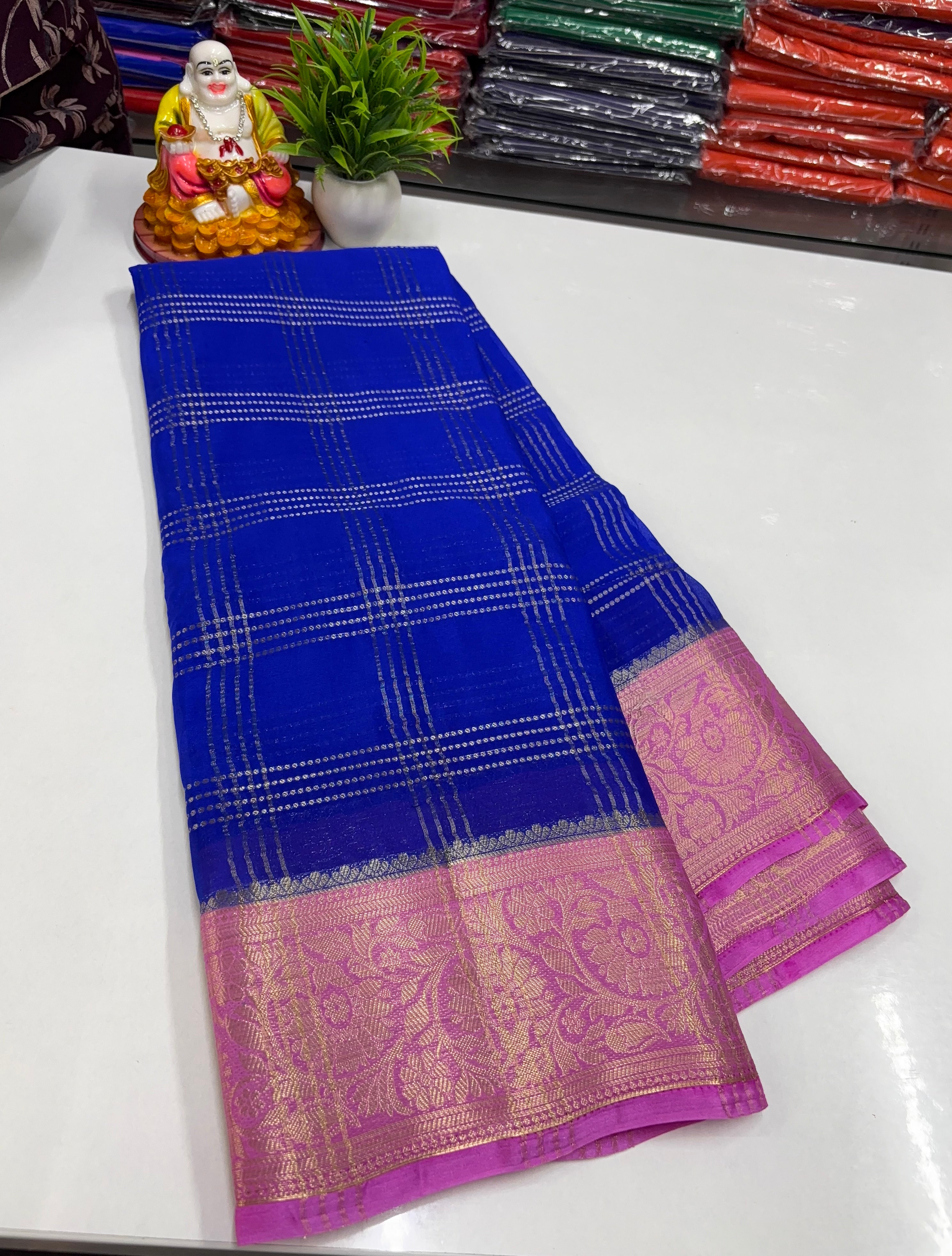 Premium Chiffon Saree with Chex Pattern & Floral Border