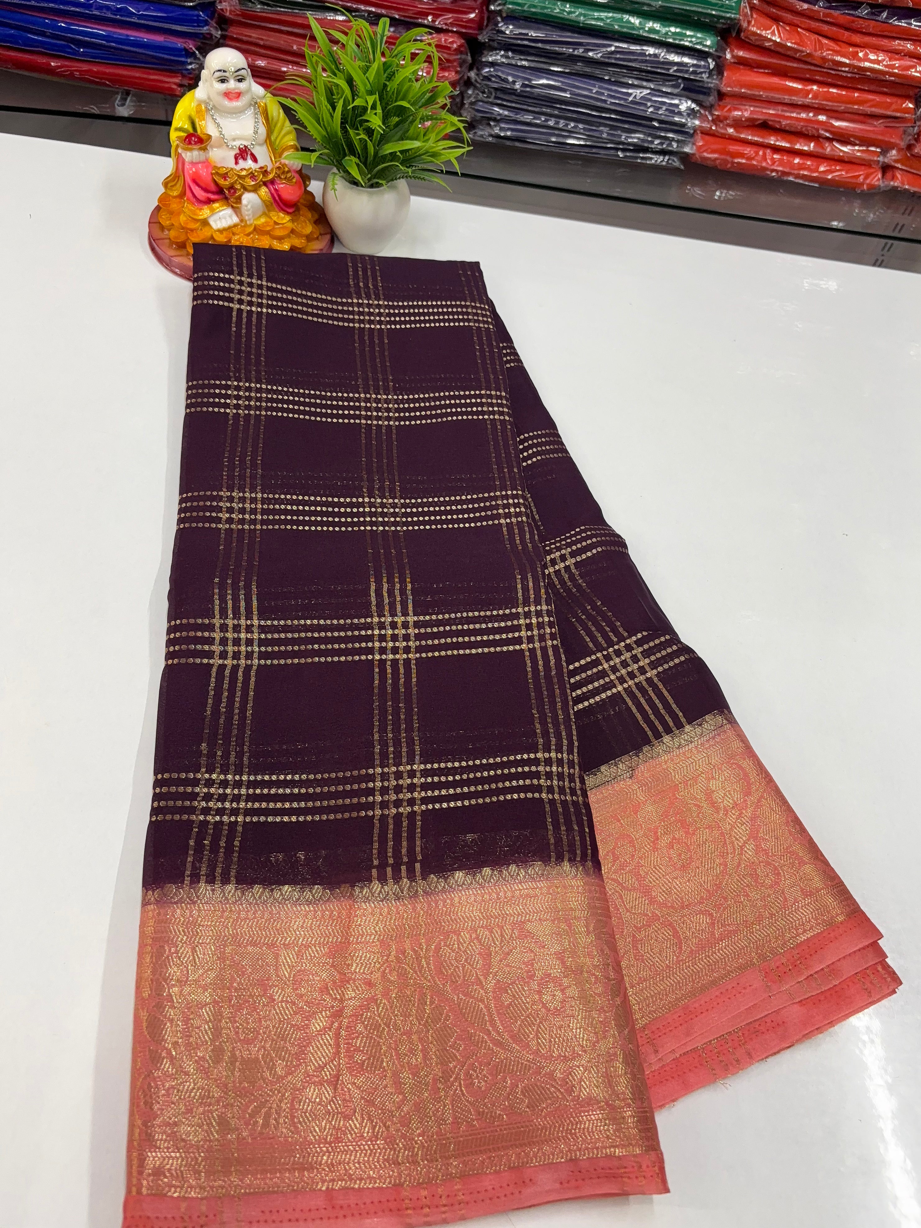 Premium Chiffon Saree with Chex Pattern & Floral Border