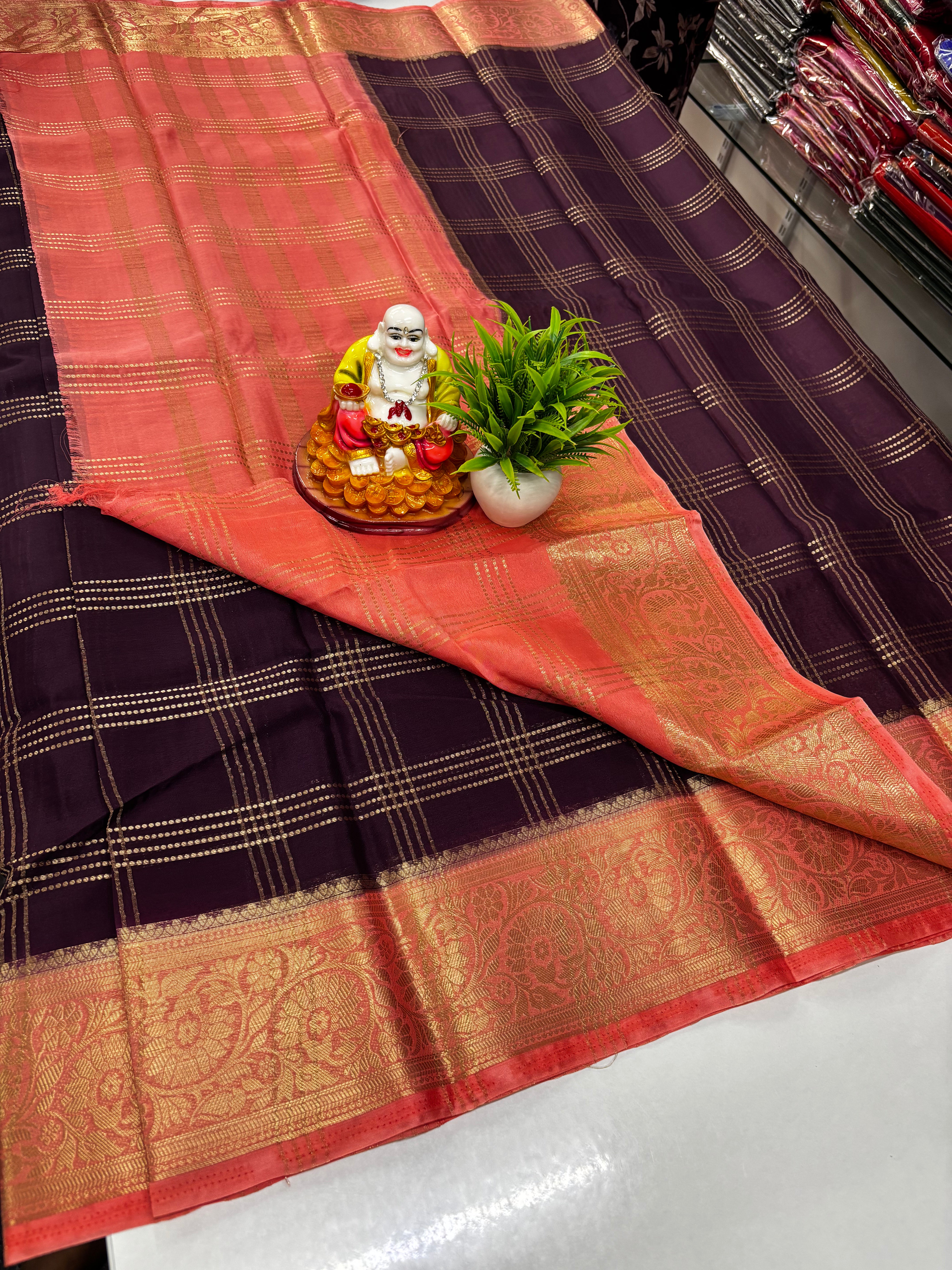 Premium Chiffon Saree with Chex Pattern & Floral Border