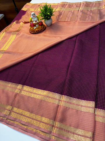 Premium Mysore Crepe Silk Saree with Checks Pattern & Bentex Border