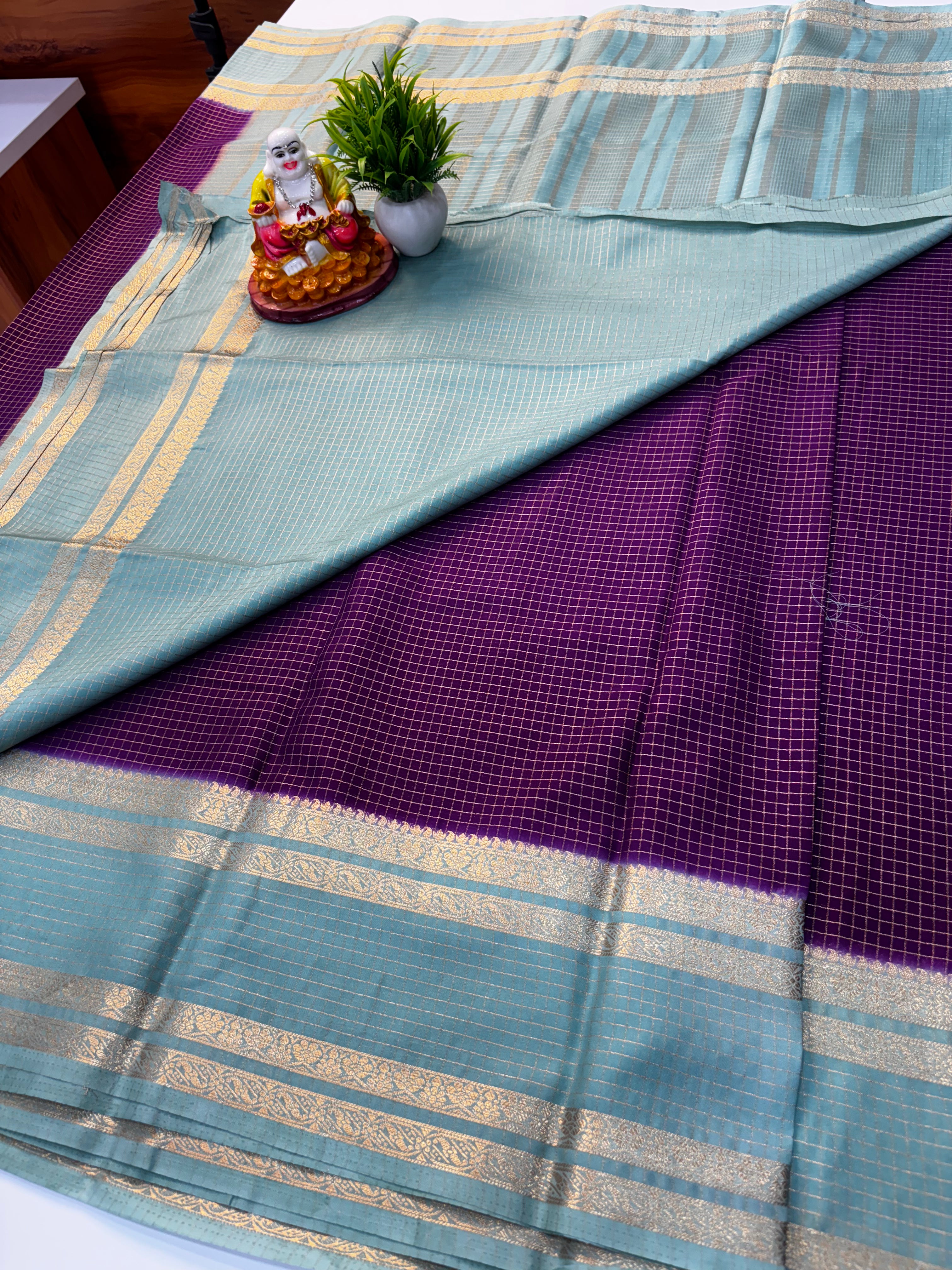Premium Mysore Crepe Silk Saree with Checks Pattern & Bentex Border