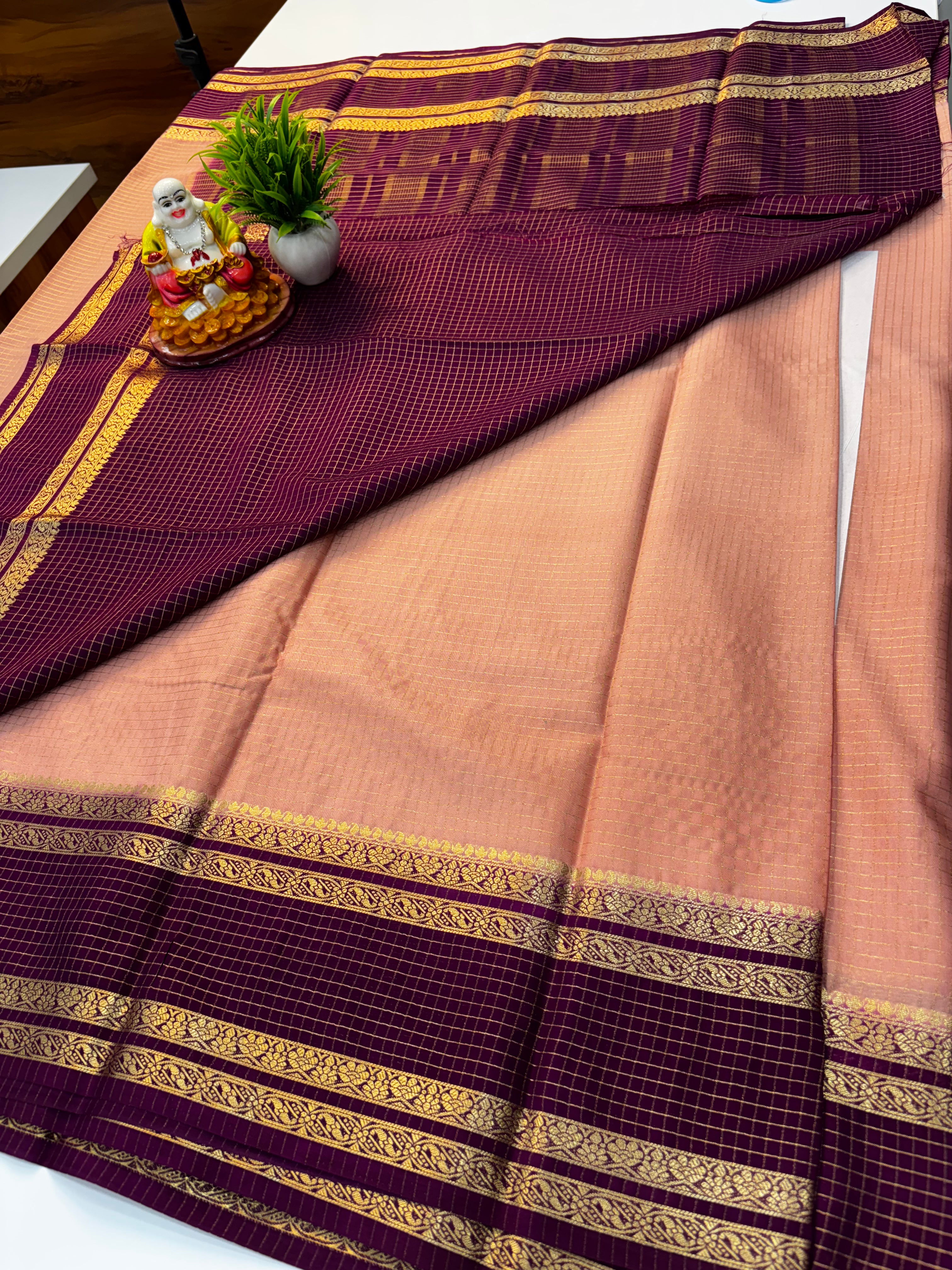 Premium Mysore Crepe Silk Saree with Checks Pattern & Bentex Border