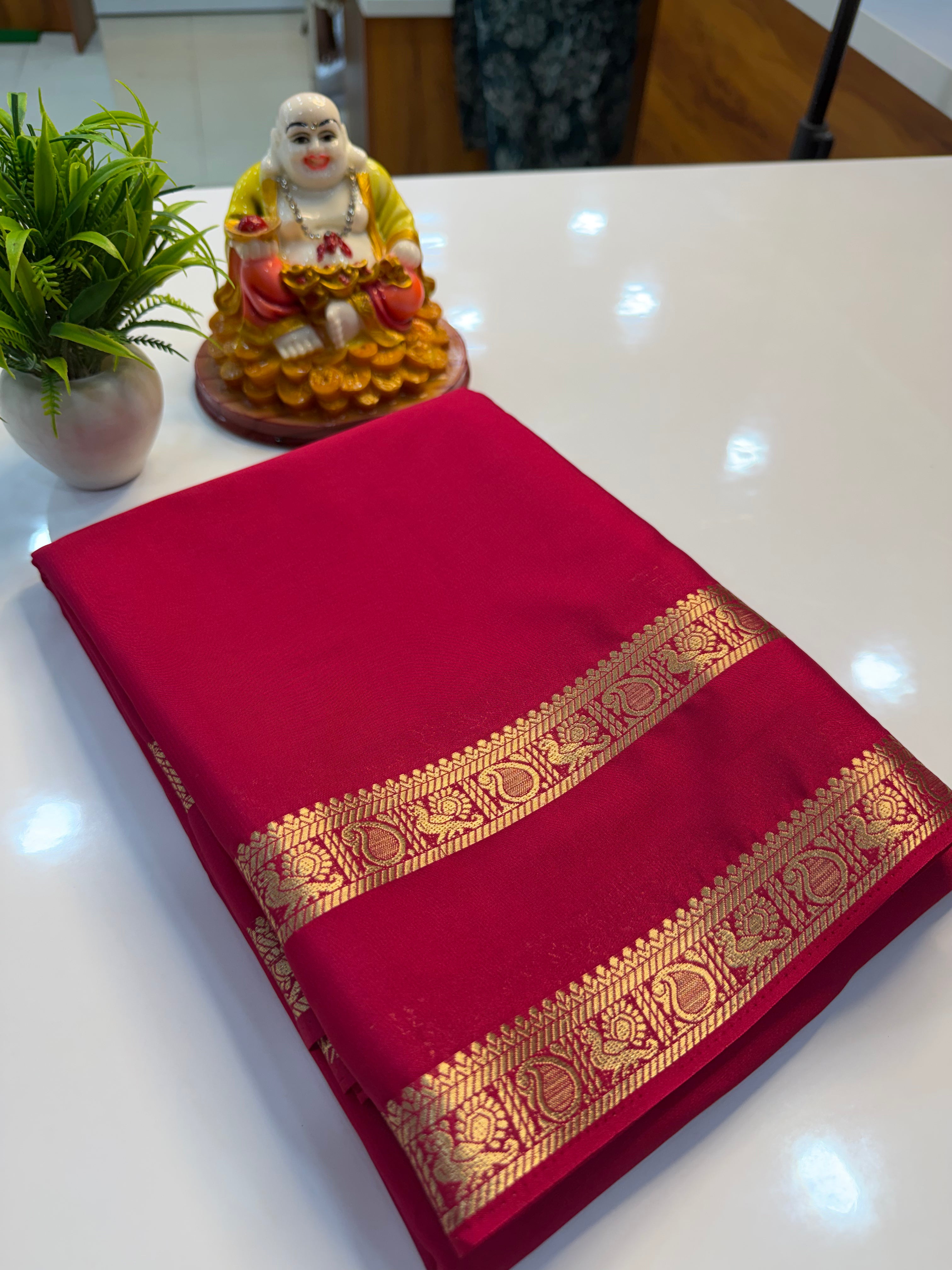 Mysore Crepe Silk Saree with Peacock & Mango Bentex Border | Padmavathi Silks and Sarees Product Description…