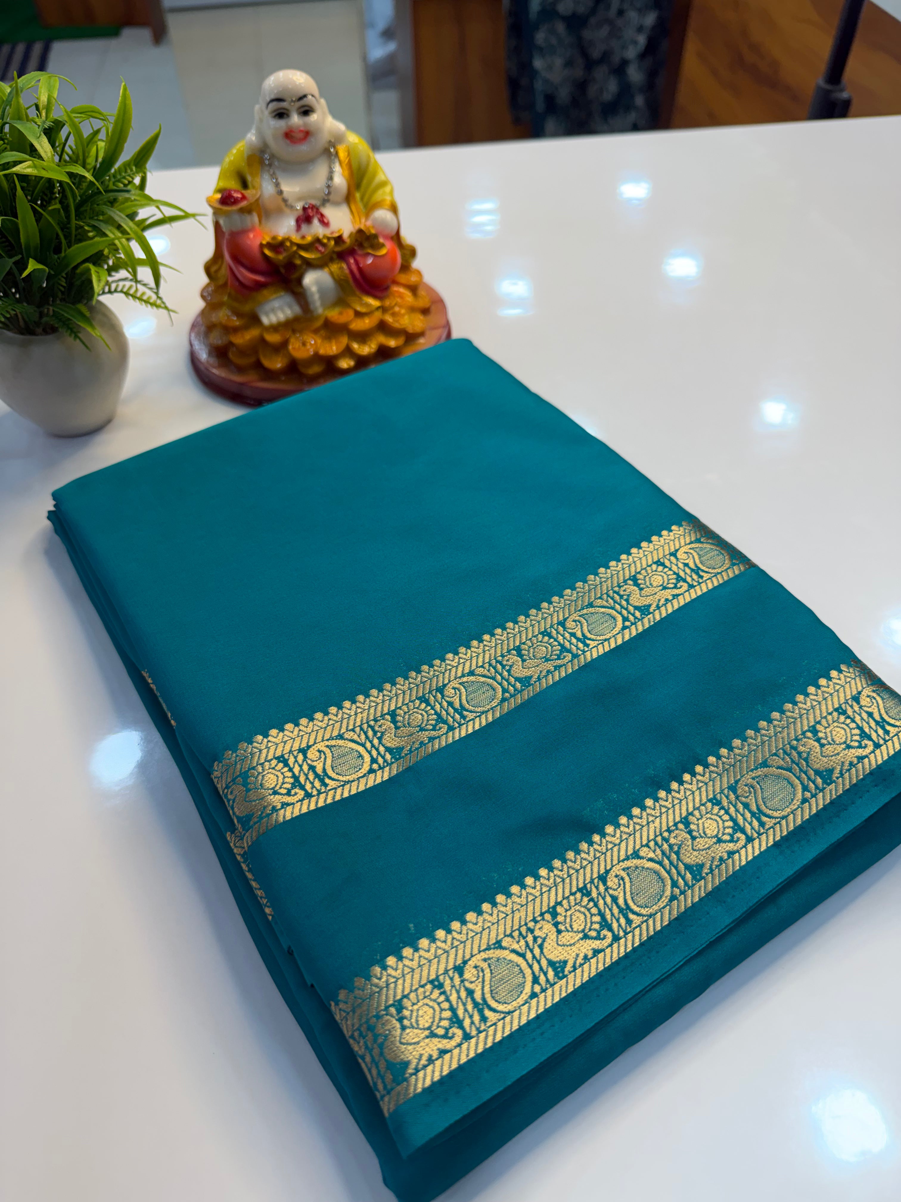 Mysore Crepe Silk Saree with Peacock & Mango Bentex Border | Padmavathi Silks and Sarees Product Description…