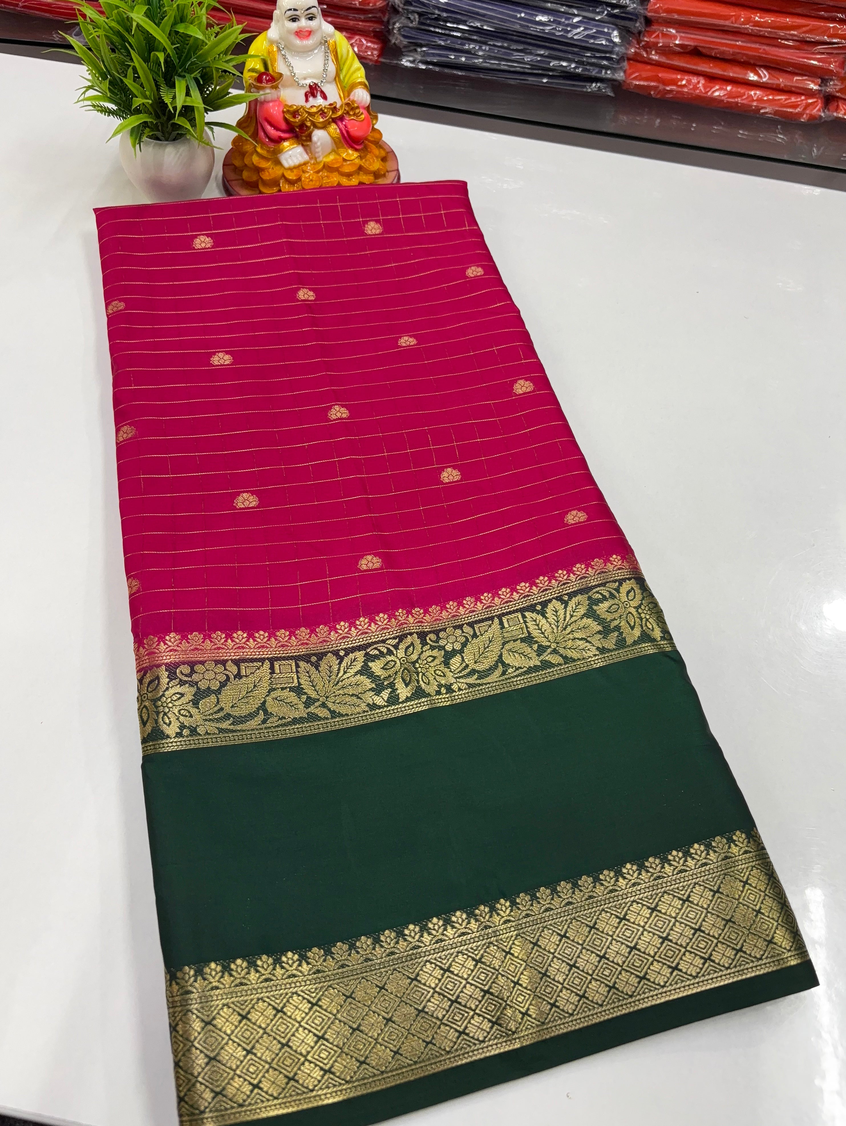 Mysore Crepe Silk Saree with Chex Pattern Buttas & Rich Pallu