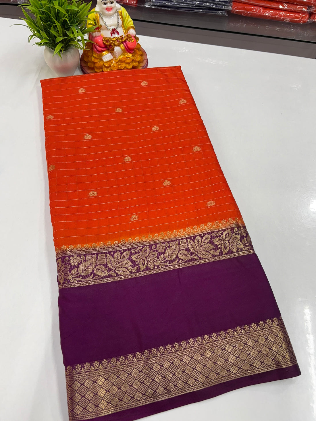 Mysore Crepe Silk Saree with Chex Pattern Buttas & Rich Pallu