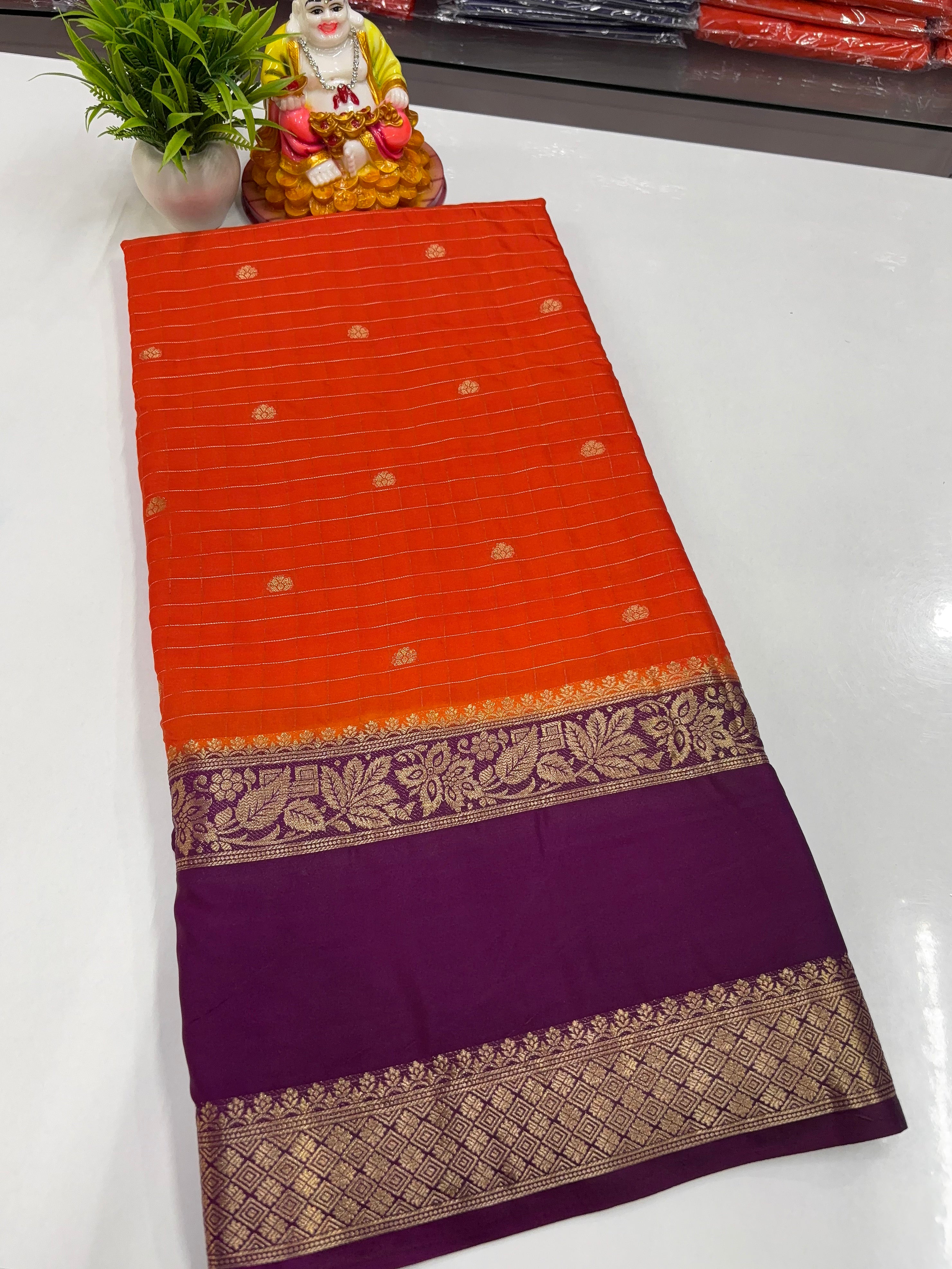 Mysore Crepe Silk Saree with Chex Pattern Buttas & Rich Pallu
