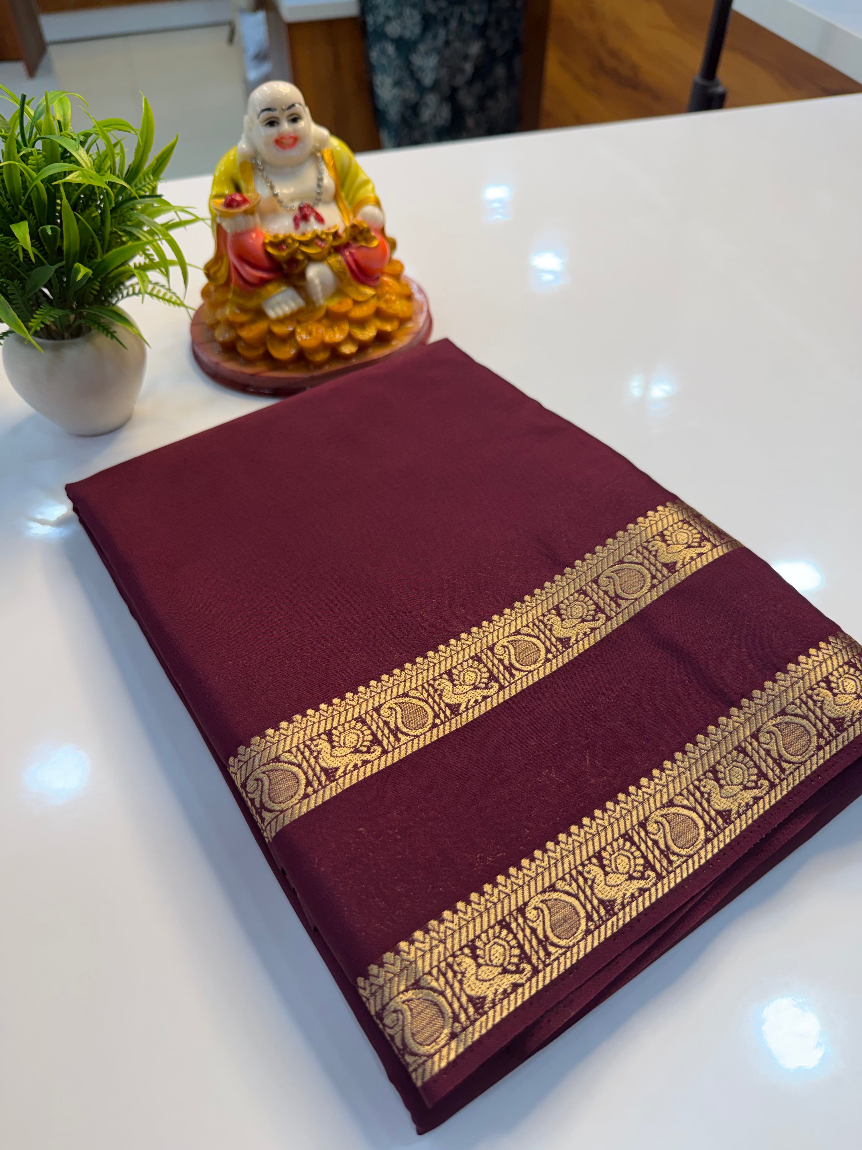 Mysore Crepe Silk Saree with Peacock & Mango Bentex Border | Padmavathi Silks and Sarees Product Description…