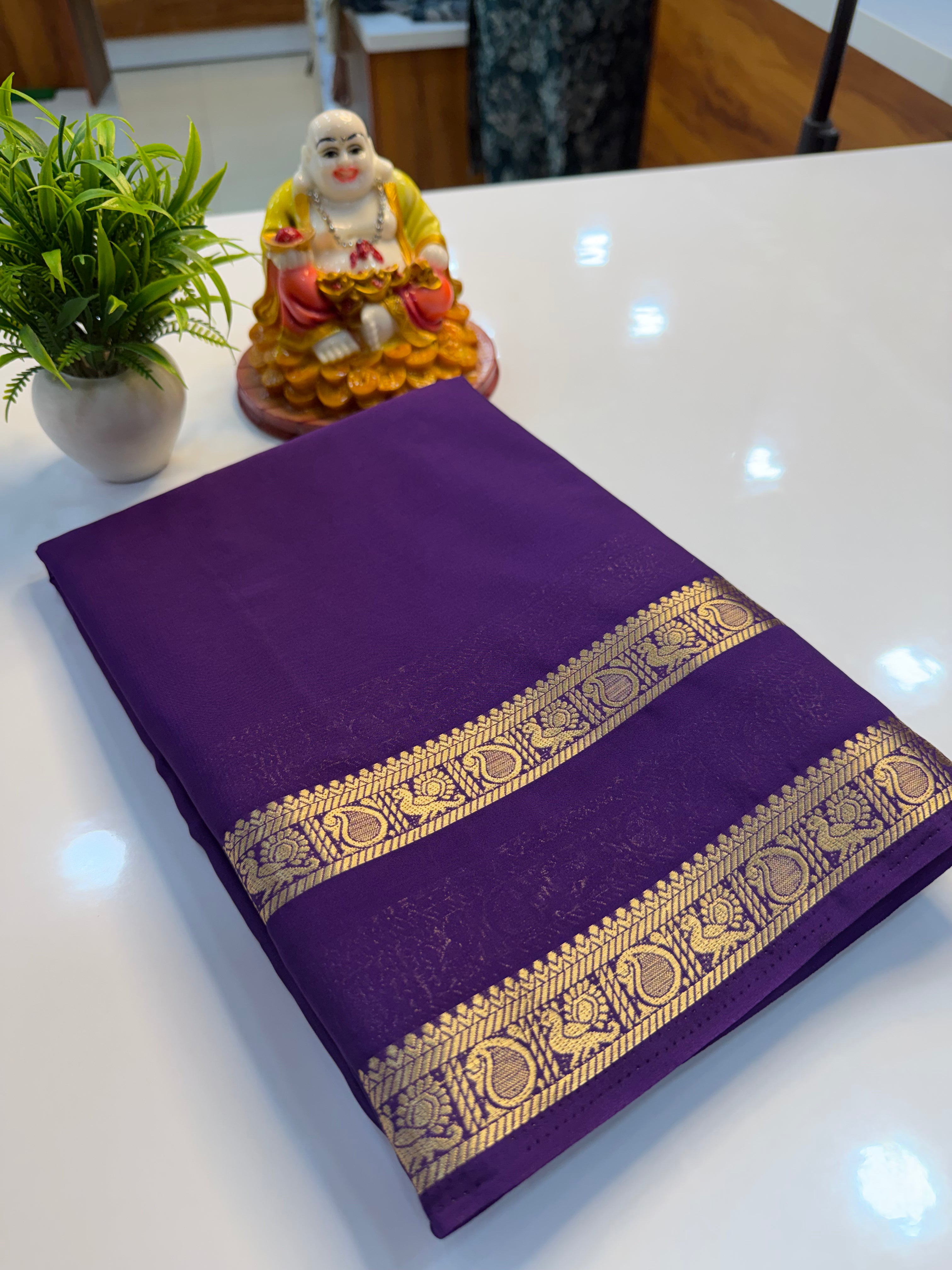 Mysore Crepe Silk Saree with Peacock & Mango Bentex Border | Padmavathi Silks and Sarees Product Description…