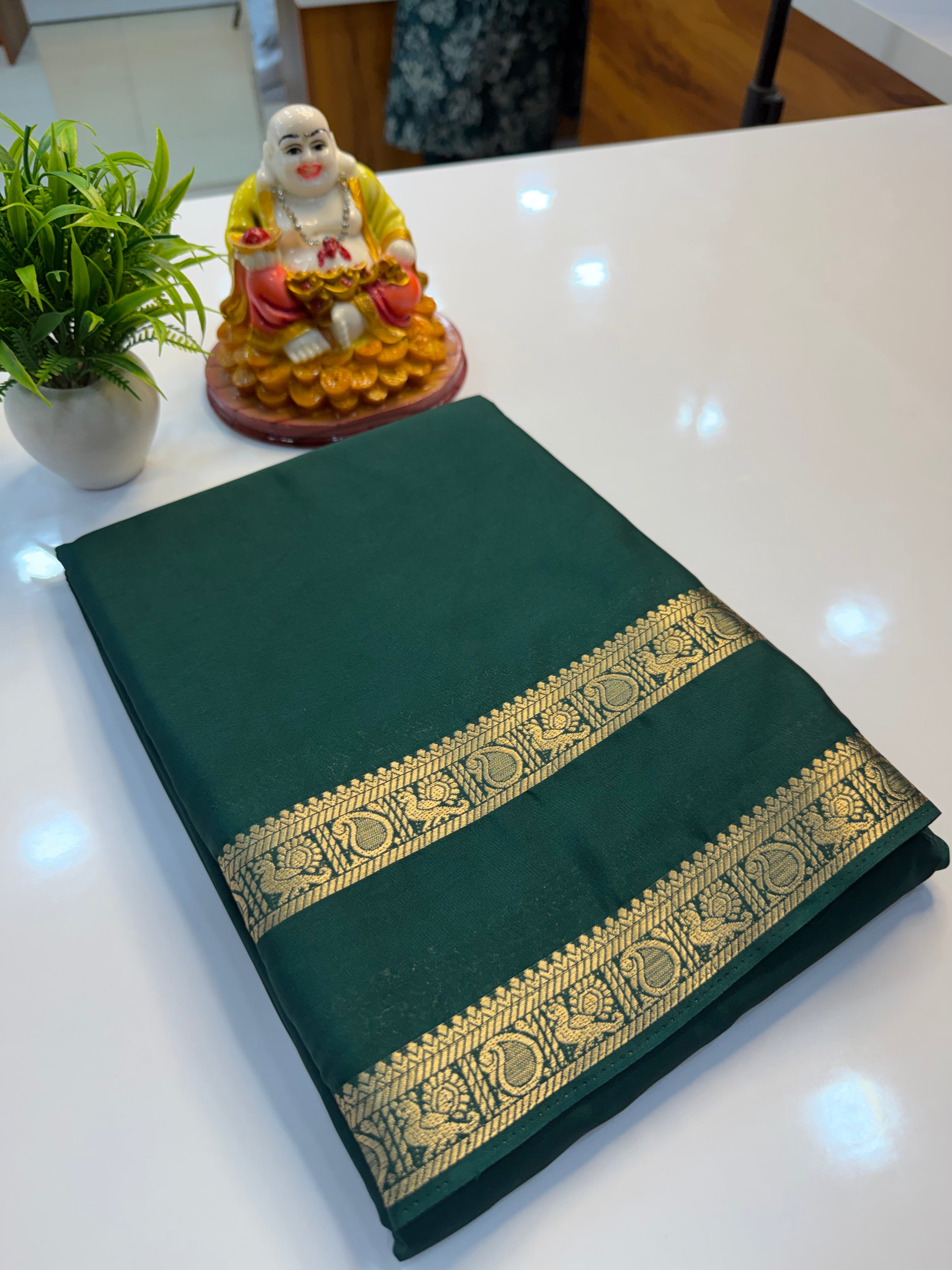 Mysore Crepe Silk Saree with Peacock & Mango Bentex Border | Padmavathi Silks and Sarees Product Description…