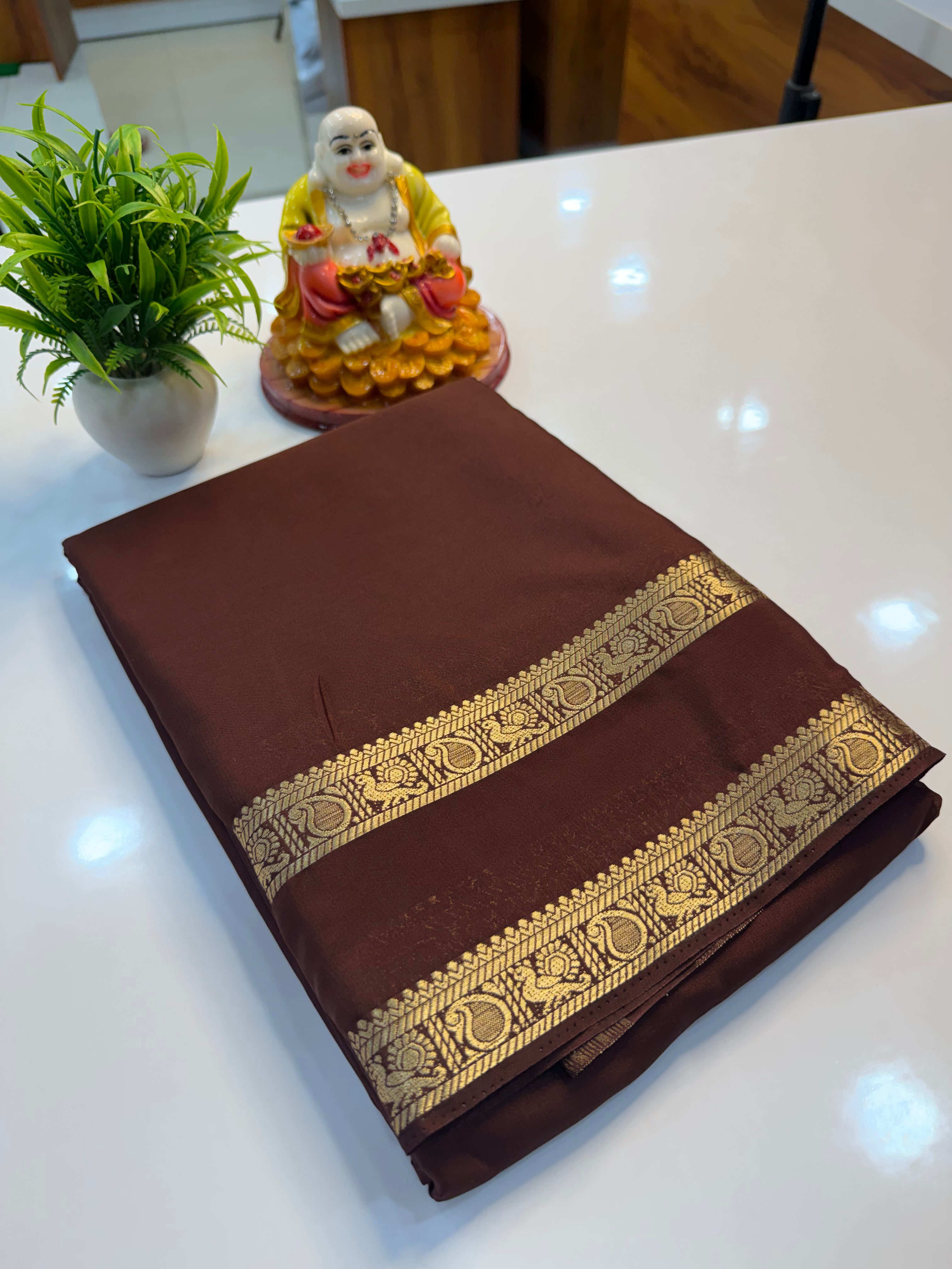 Mysore Crepe Silk Saree with Peacock & Mango Bentex Border | Padmavathi Silks and Sarees Product Description…