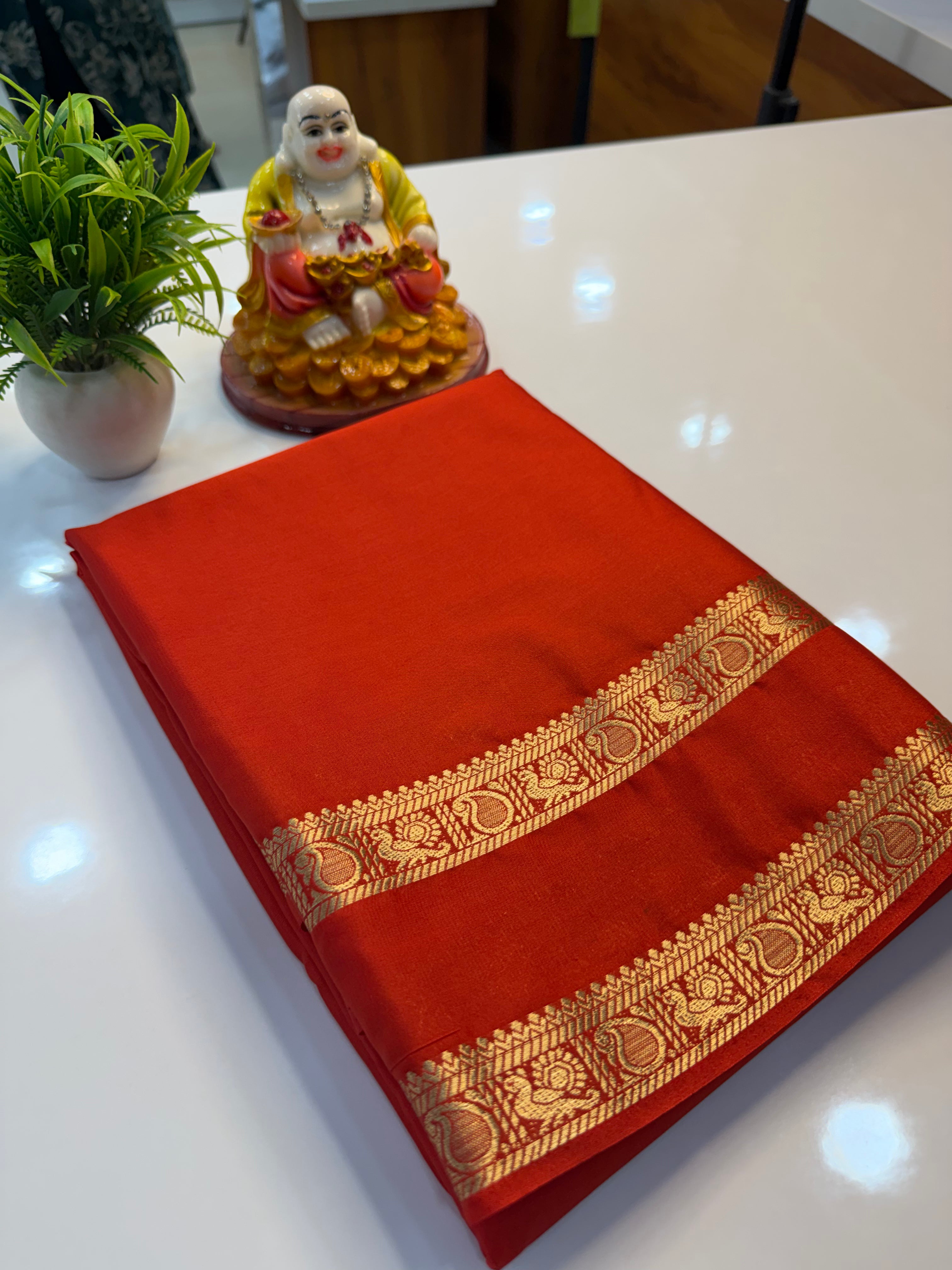 Mysore Crepe Silk Saree with Peacock & Mango Bentex Border | Padmavathi Silks and Sarees Product Description…