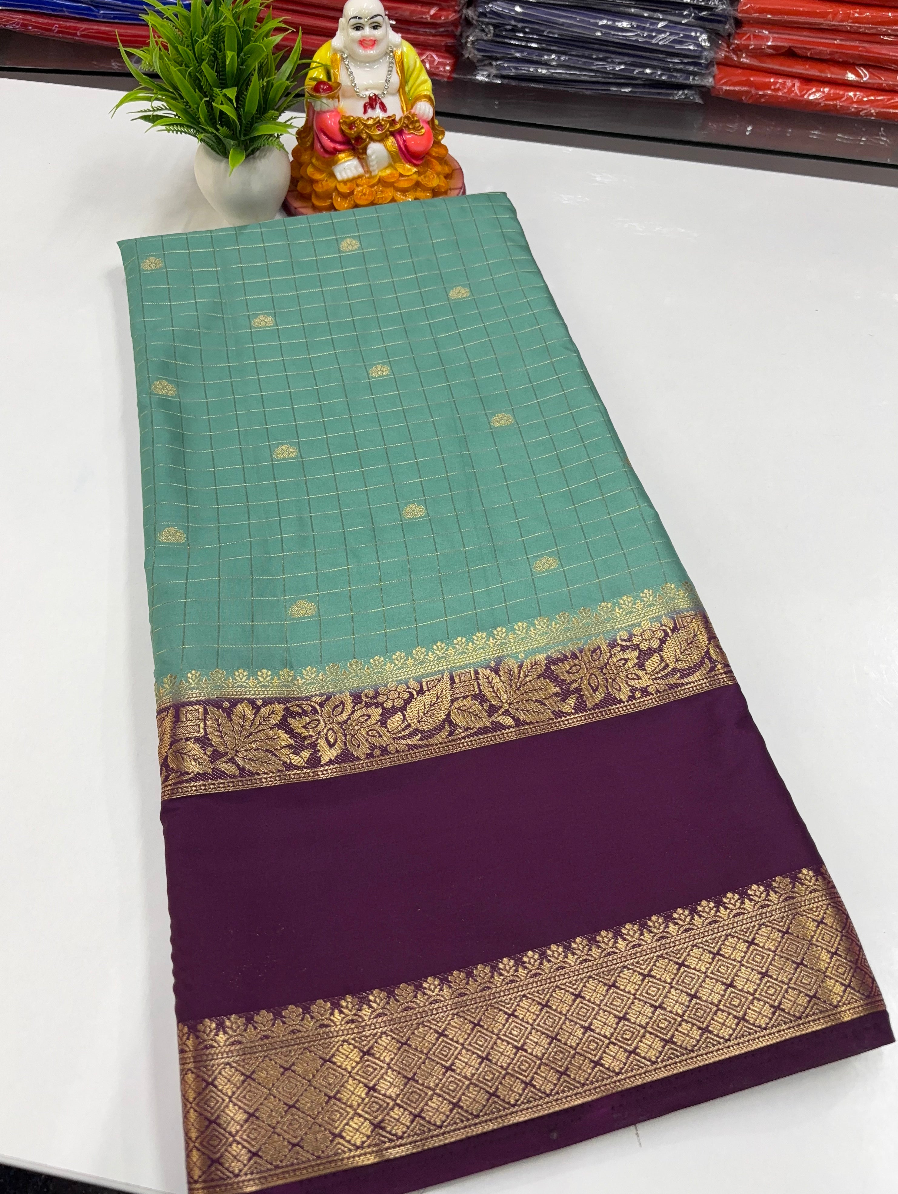 Mysore Crepe Silk Saree with Chex Pattern Buttas & Rich Pallu