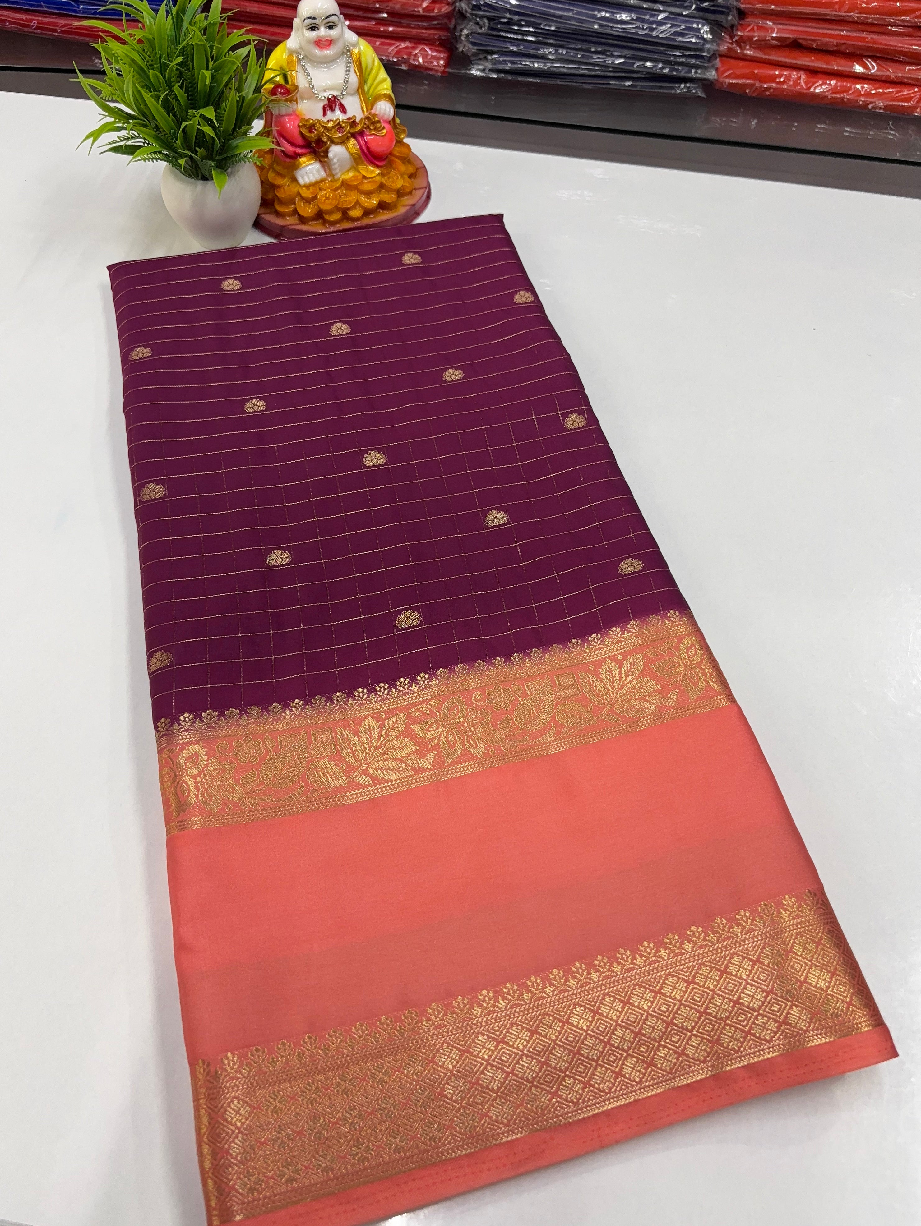 Mysore Crepe Silk Saree with Chex Pattern Buttas & Rich Pallu