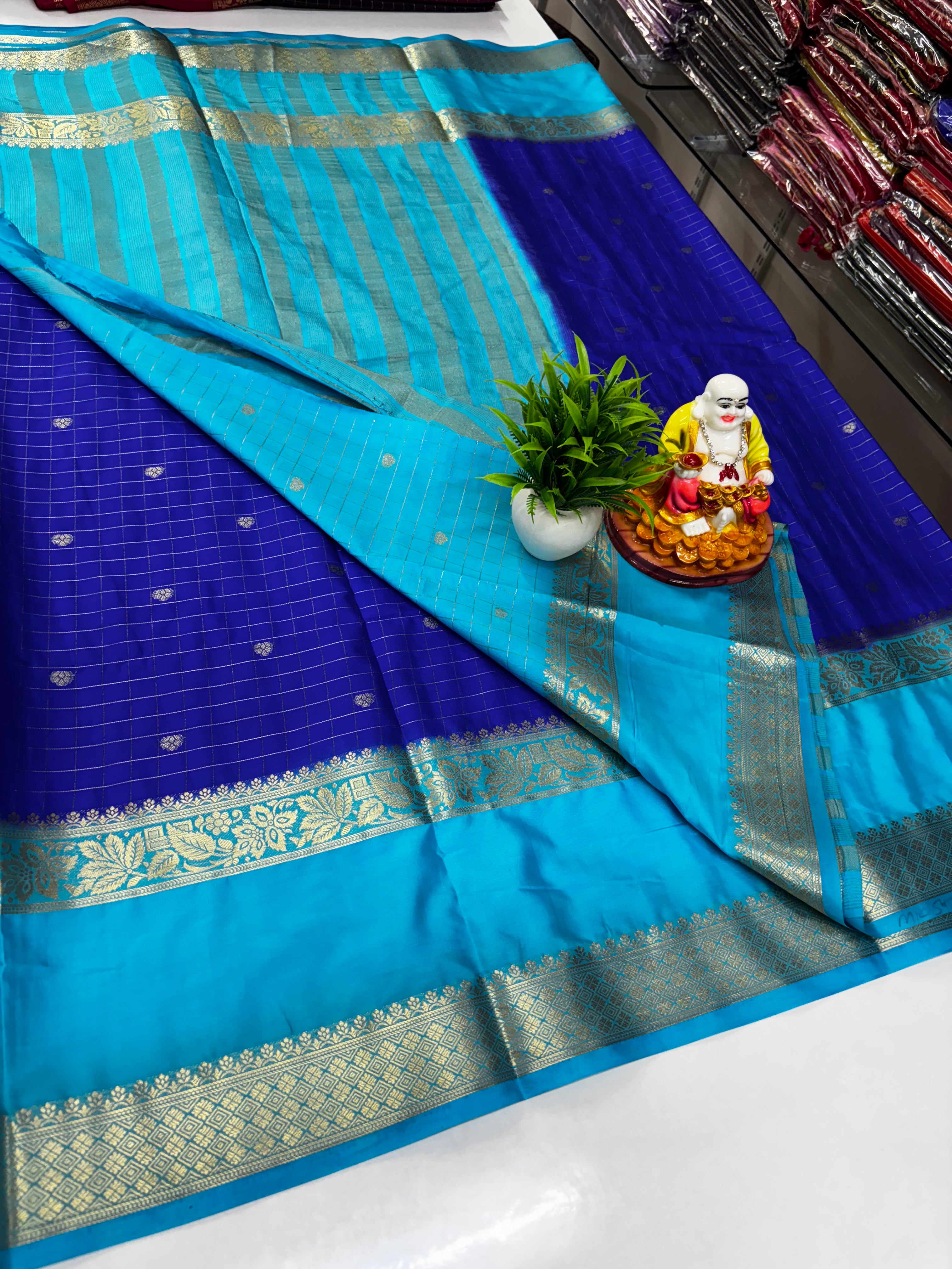 Mysore Crepe Silk Saree with Chex Pattern Buttas & Rich Pallu