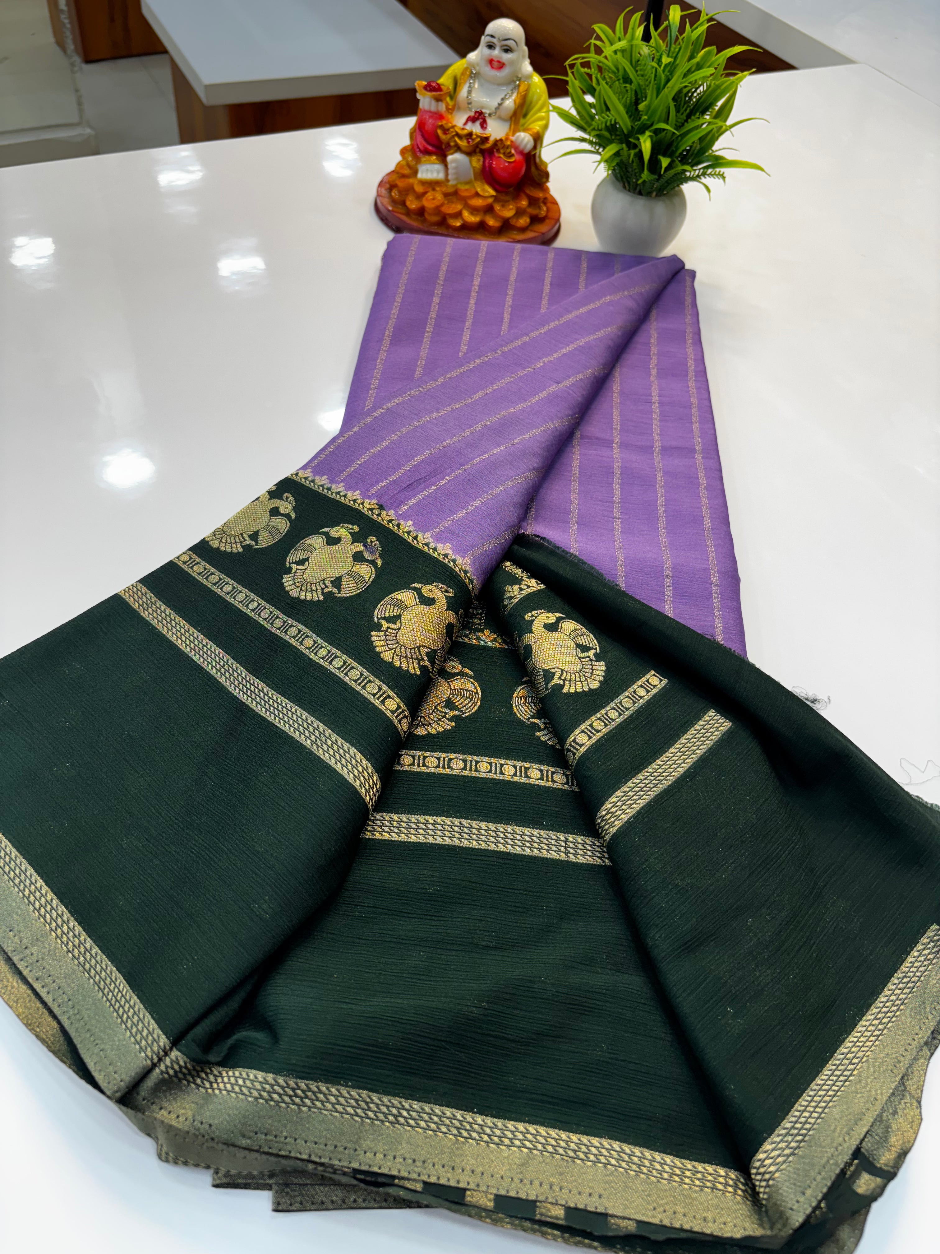 Premium Wrinkle Crepe Silk Saree with Ganda Berunda Design