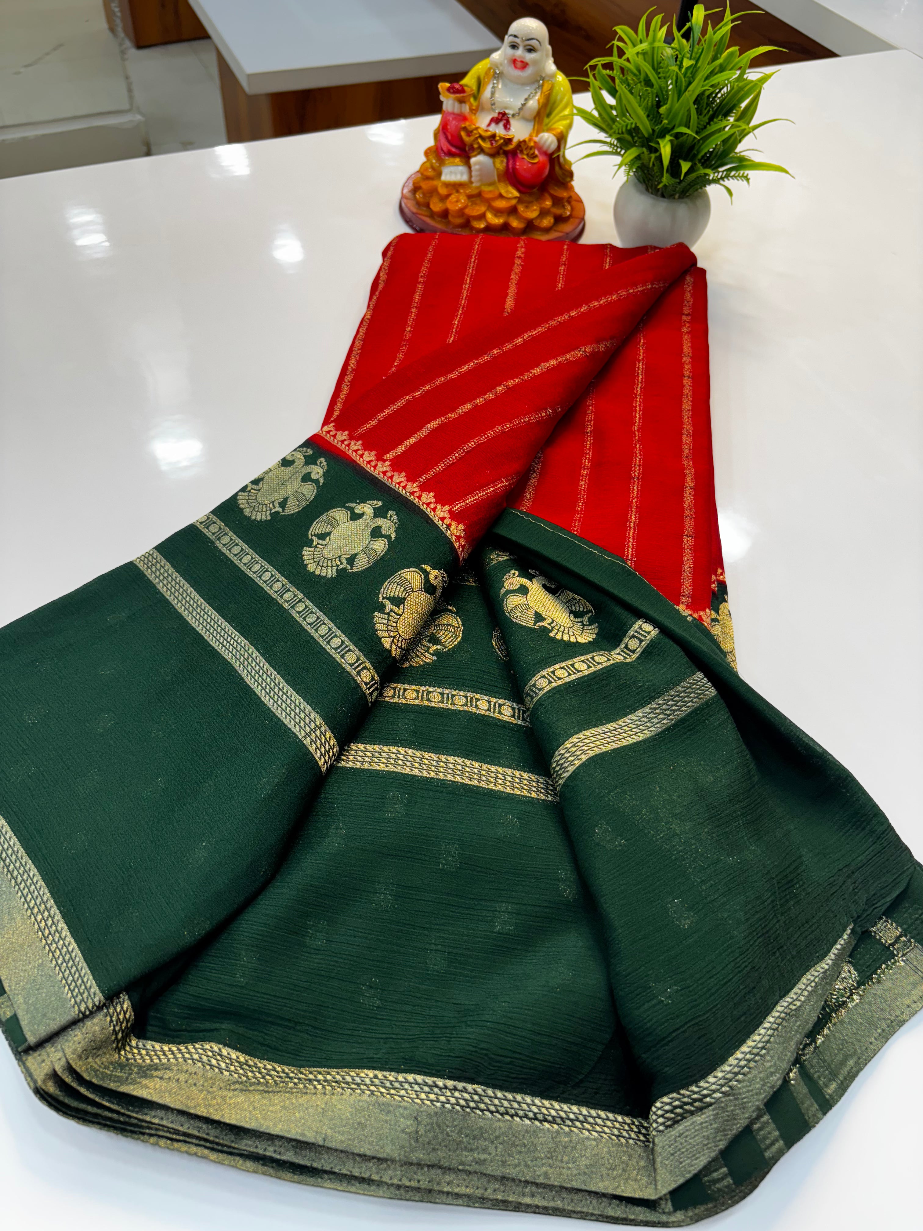 Premium Wrinkle Crepe Silk Saree with Ganda Berunda Design