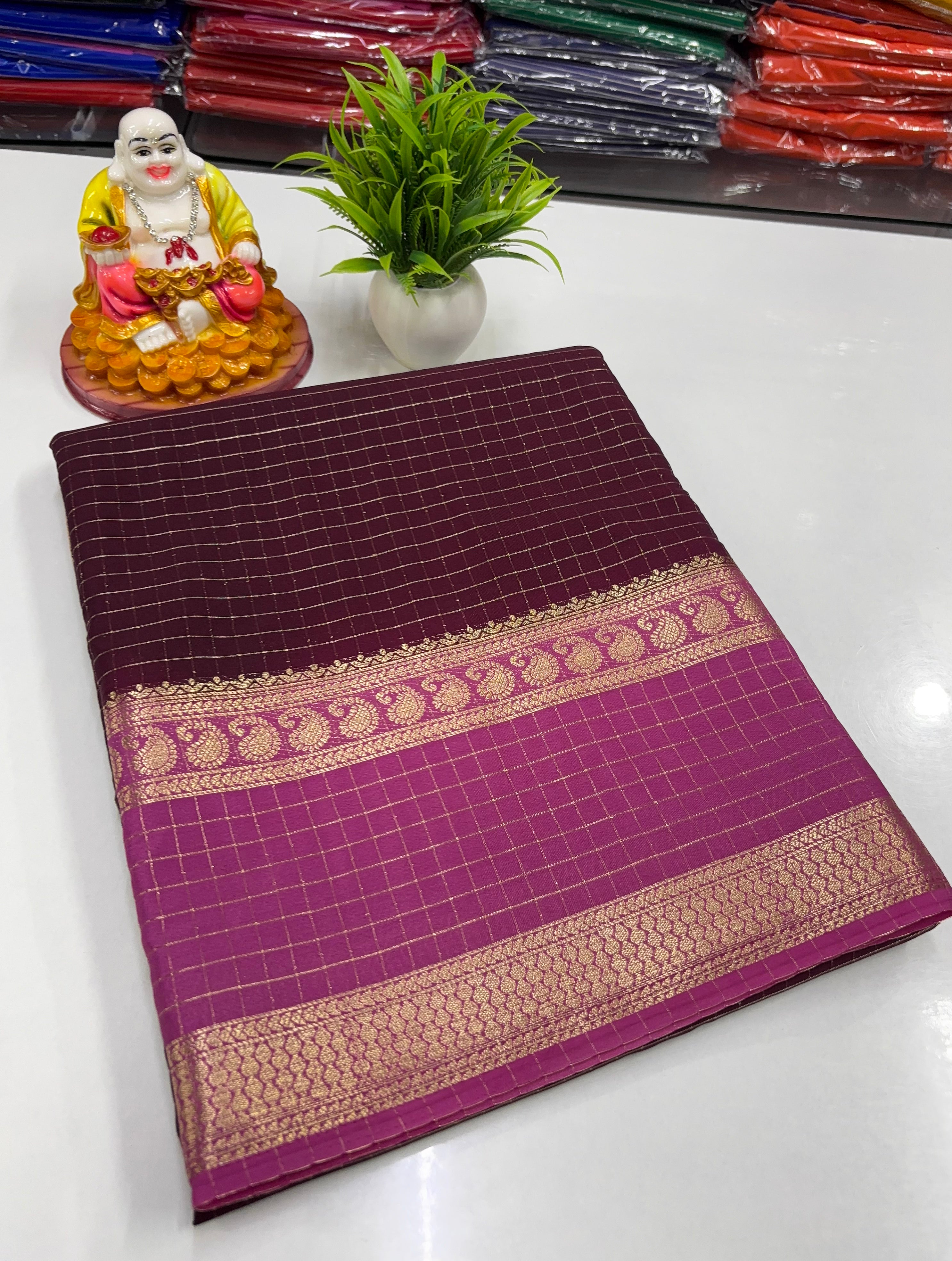 Mysore Crepe Silk Saree with Mango Bentex Border & Chex Design