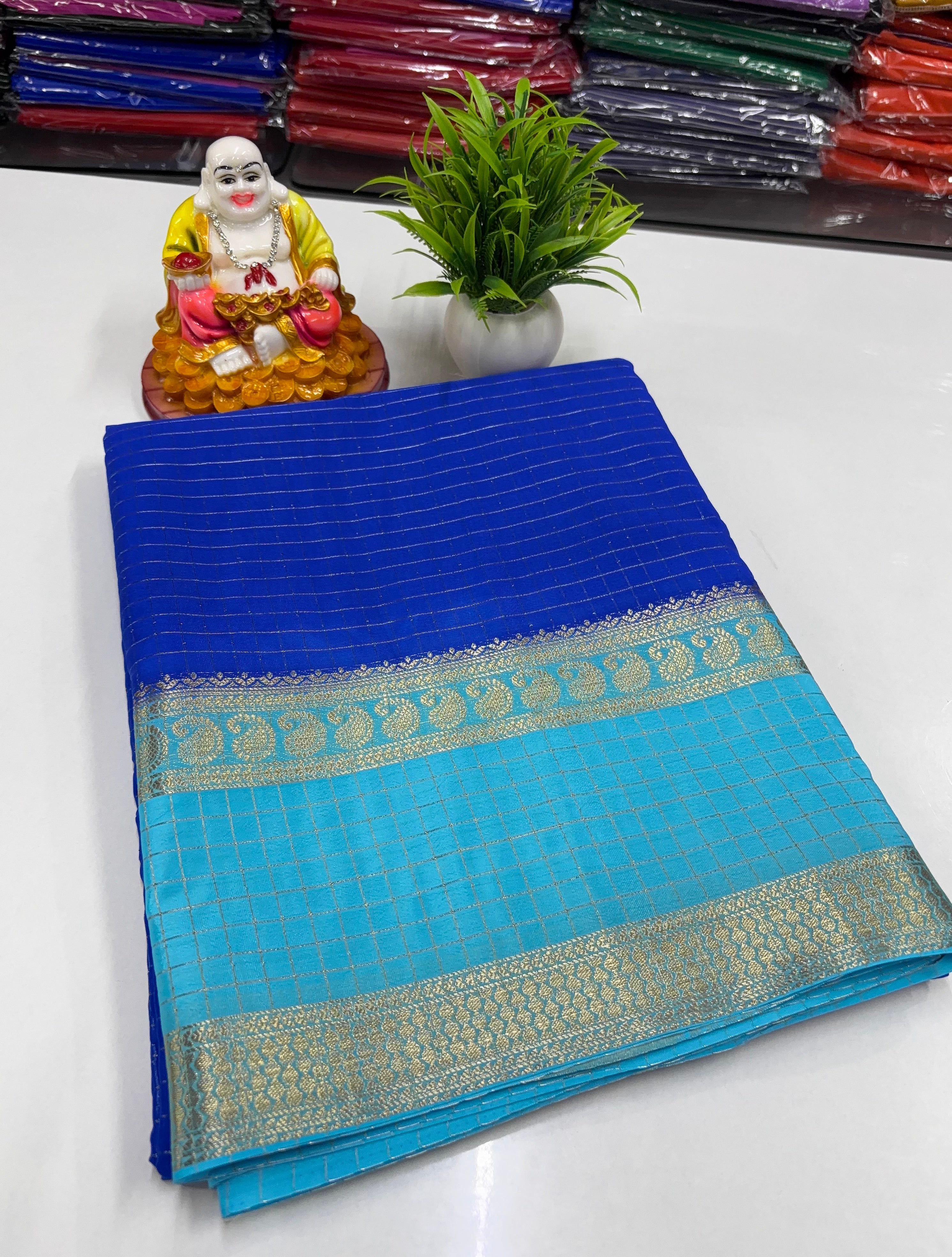 Mysore Crepe Silk Saree with Mango Bentex Border & Chex Design