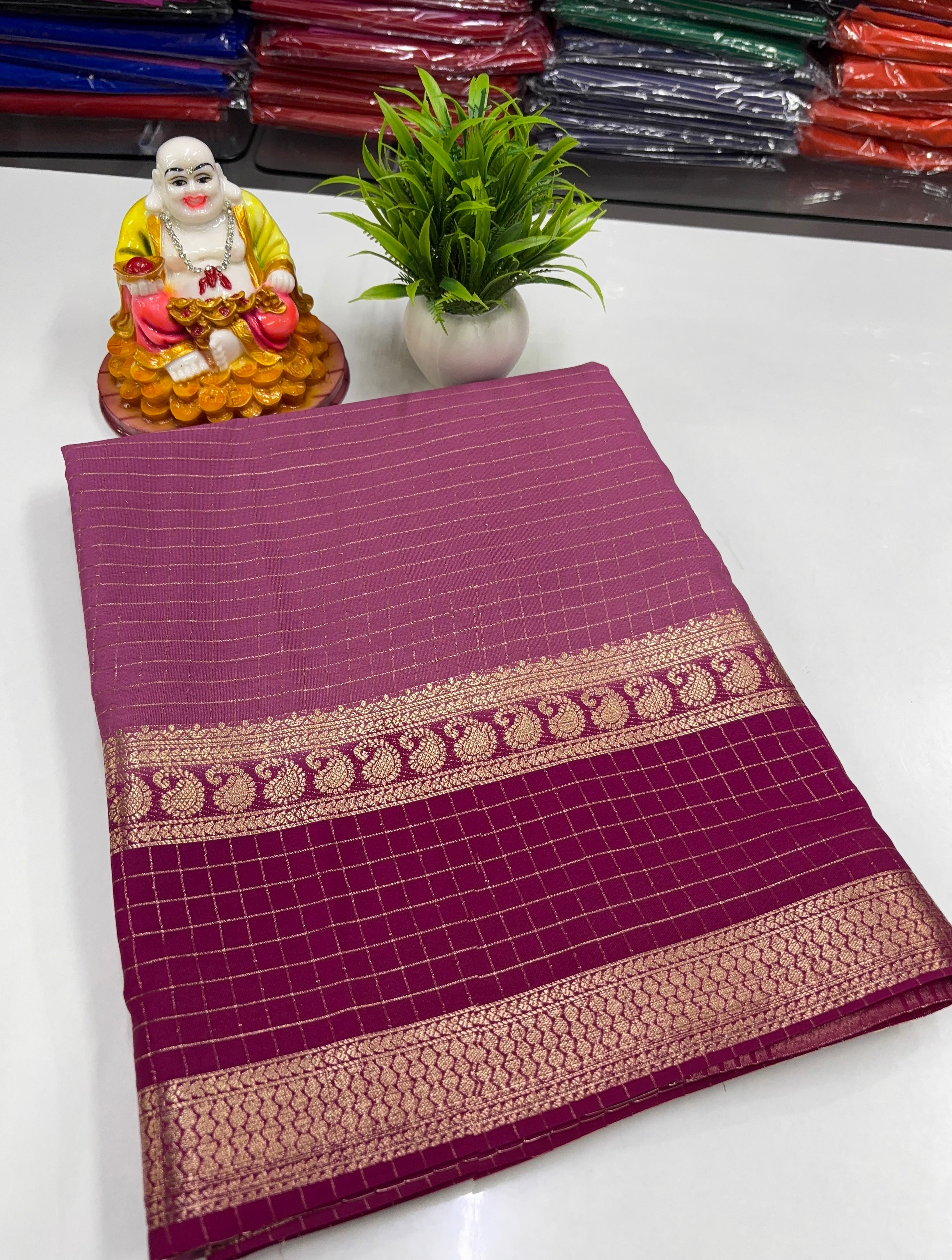 Mysore Crepe Silk Saree with Mango Bentex Border & Chex Design